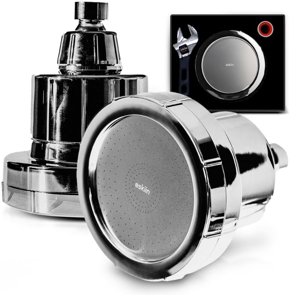 Eskiin Filtered Showerhead – Best Shower Head With Filters For Healthy Hair & Skin – High Pressure Water Softener For Hard Water – Reduce Dandruff, Protect Colored Hair, And Soothe Dry Skin (Chrome)