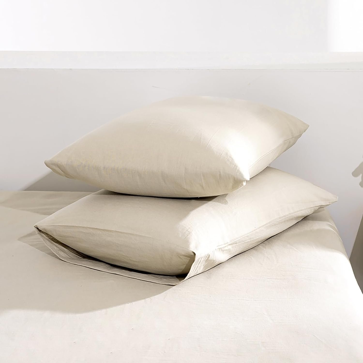 TUMEI 100% Linen Pillow Case Queen Size Set of 2 (20″x26″), Natural Linen