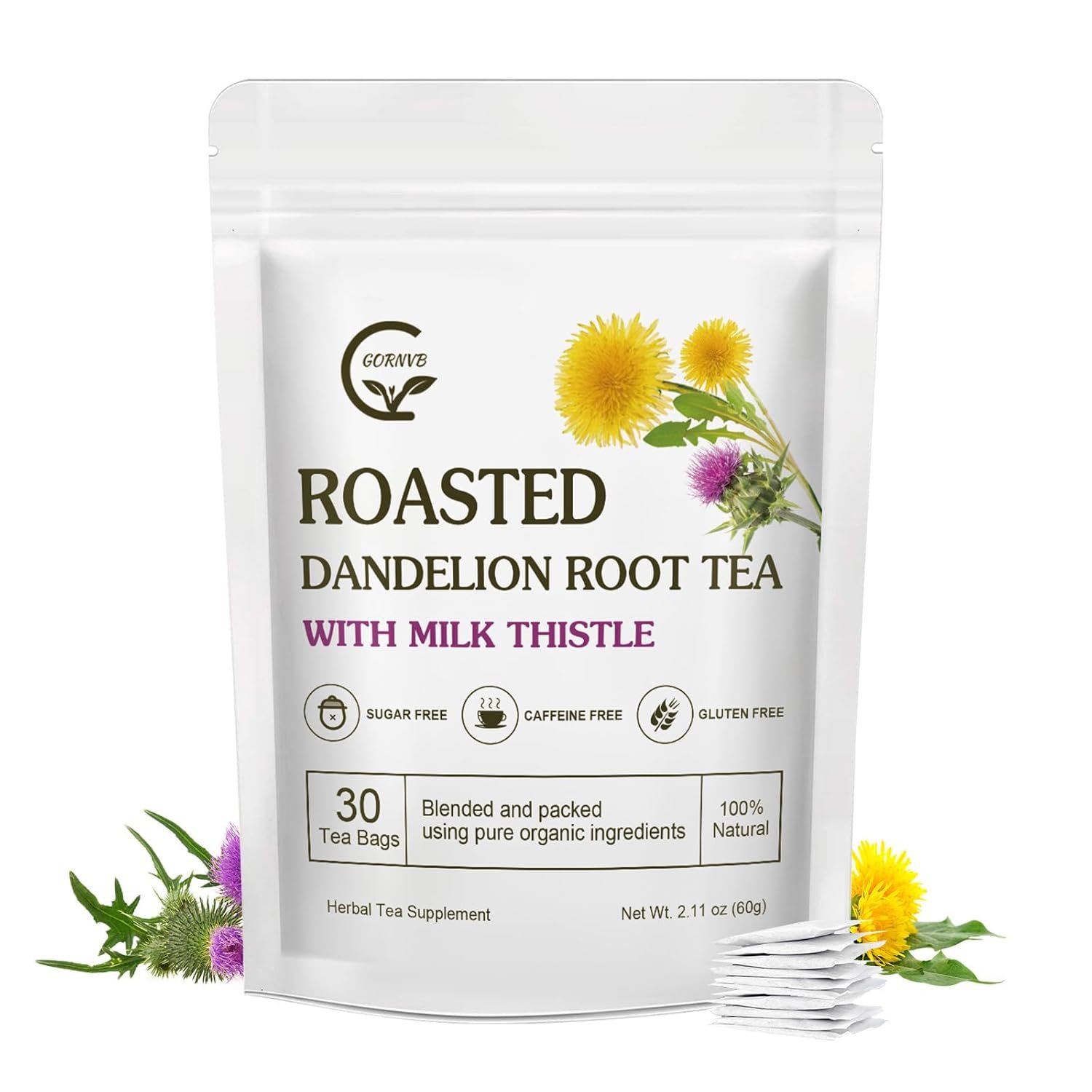 Organic Roasted Dandelion Root Tea with Milk Thistle Tea – Supports Kidney Function and Liver Function, 30 Tea Bags