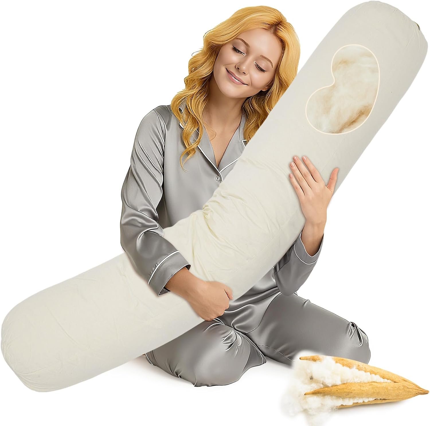 Leinuosen Organic Kapok Full Body Pillow 54″ x 9″ Long Tube Roll Bolster for Adults, Adjustable Height Firm Support for Side Sleeping, Pregnant Women, Kapok Filling