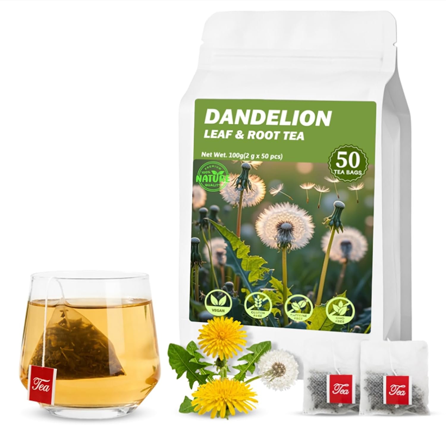 50 Bags Dandelion Leaf and Root Tea, Natural Dandelion Herbal Detox Teabag for Liver & Kidney Health, Organic Dandelion Root Tea, Caffeine Free, No Additives