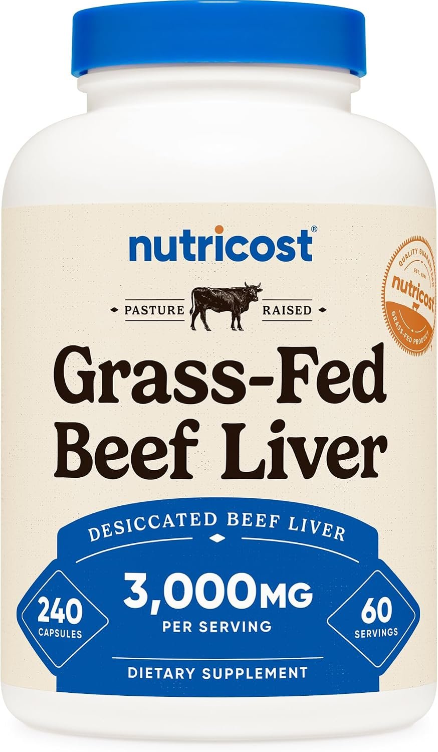 Nutricost Grass Fed Desiccated Beef Liver 3000mg, 240 Capsules, 60 Servings