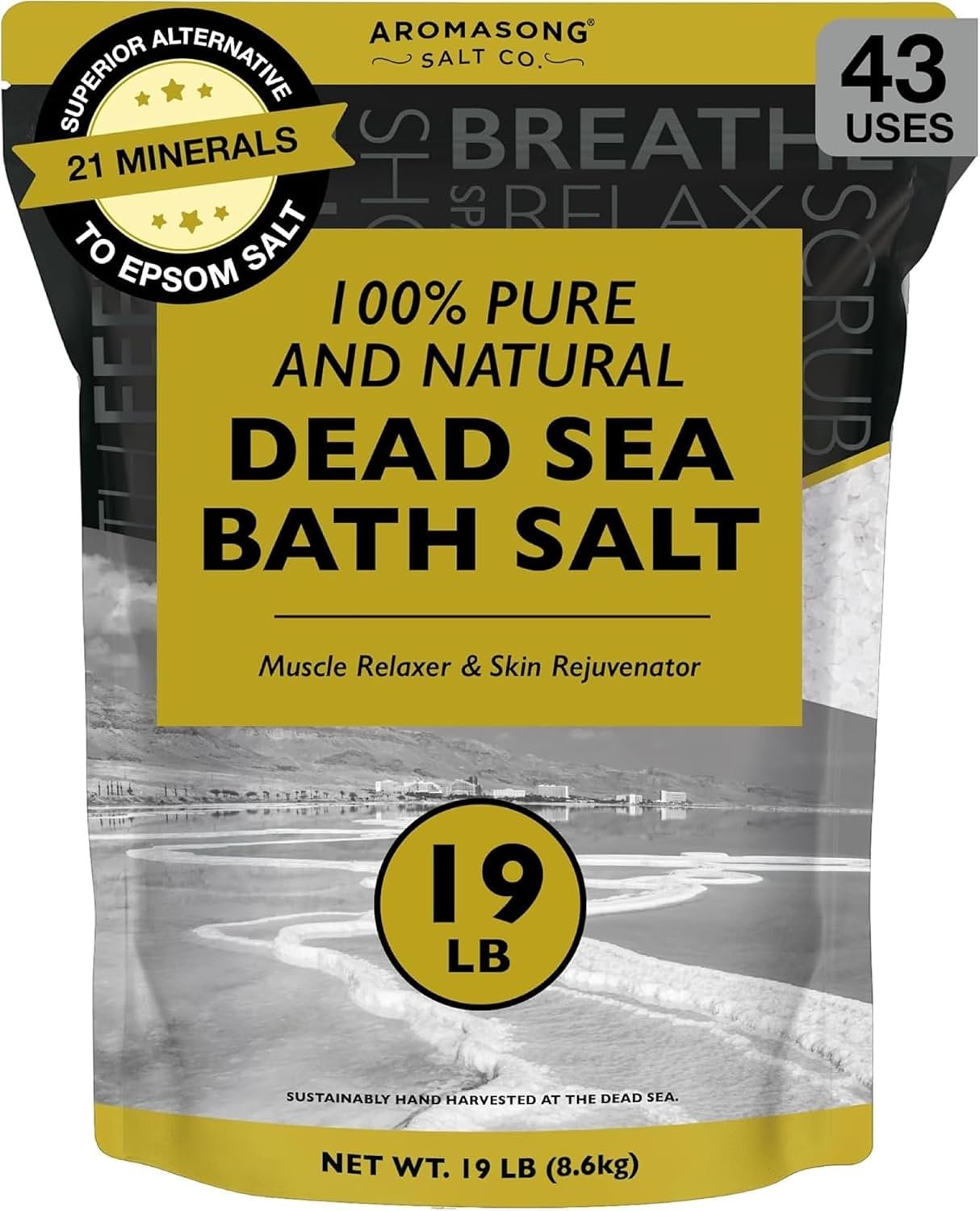 Aromasong Dead Sea Salt – Spa Bath Salt – 19 Lbs Fine Grain Bulk – 100% Pure – Better Absorbing Than Epsom Salt – Soak for Women & Men for Skin Issues and to Relax Tired Muscles – Resealable Pack.
