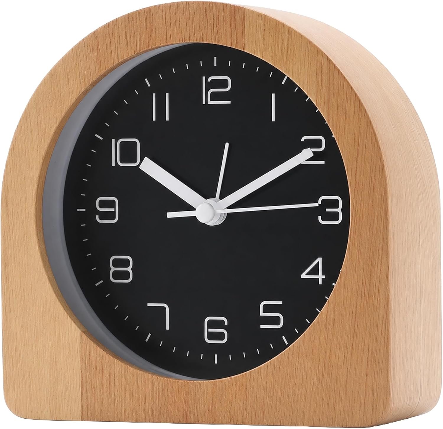 Analog Alarm Clock 5″ Silent Non-Ticking Small Solid Wood Desk Clocks Battery Operated Simple Style Retro Table Clock for Office/Bedroom/Kitchen/School/Bedside/Shelf (Light Wood, Arch)