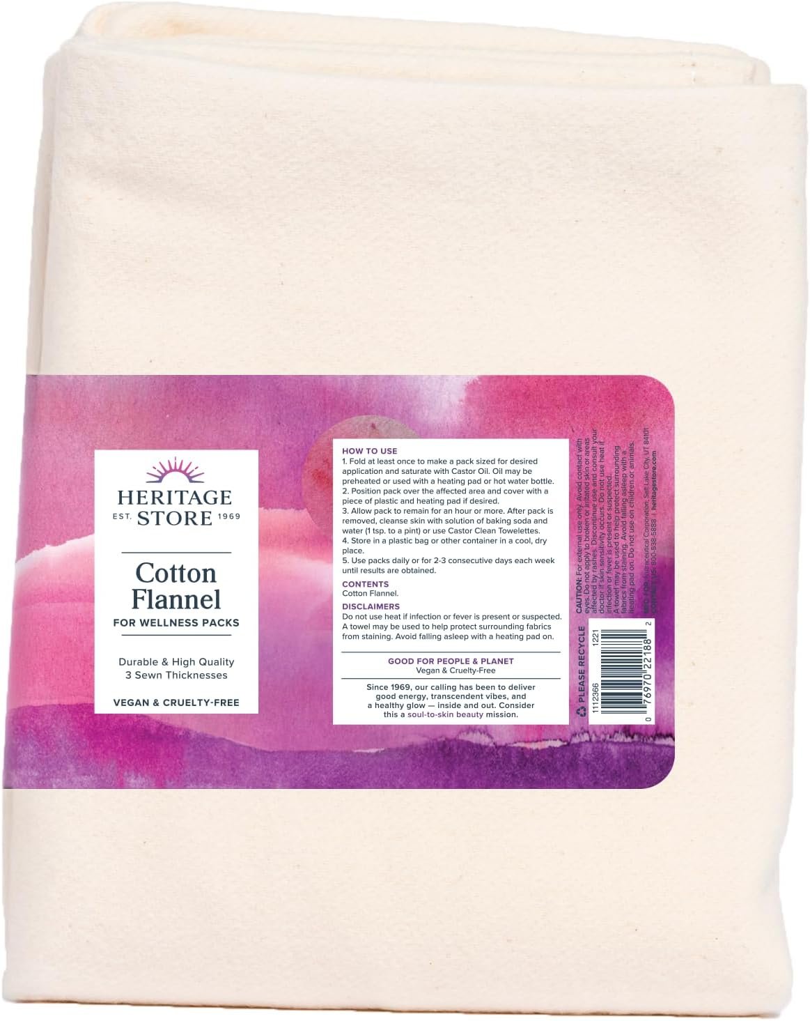 HERITAGE STORE Cotton Flannel for Castor Oil Packs, 13 x 15 in