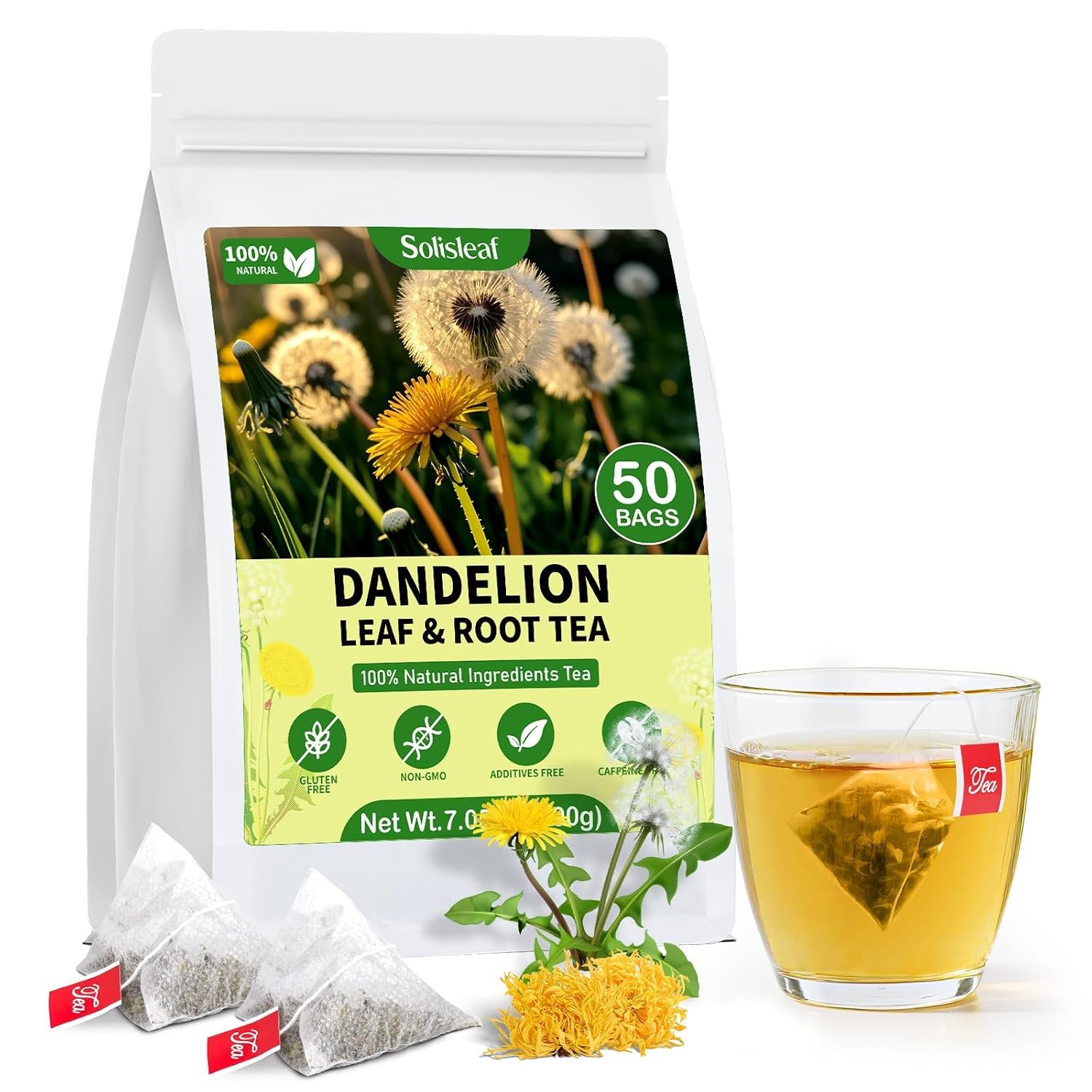Dandelion Leaf and Root Tea Bag, Natural Dandelion Roasted Herbal Detox Teabag for Liver & Kidney Health, Support Digestion Dandelion Root Tea, Caffeine Free, No Additives（50 Teabags)