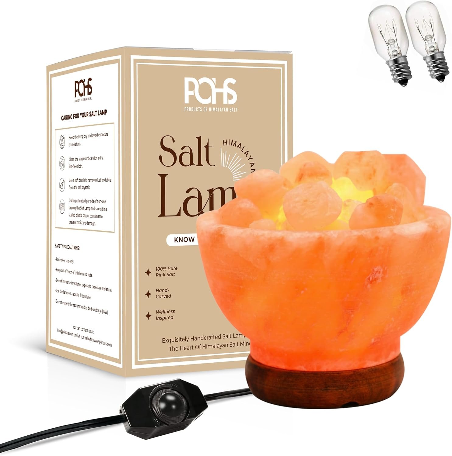 POHS Himalayan Pink Salt Lamp Bowl – Authentic from Pakistan, Natural Crystal Chunks, Dimmable Warm Glow Light, Premium Wooden Base – Relaxation, Bedroom Decor & Gift