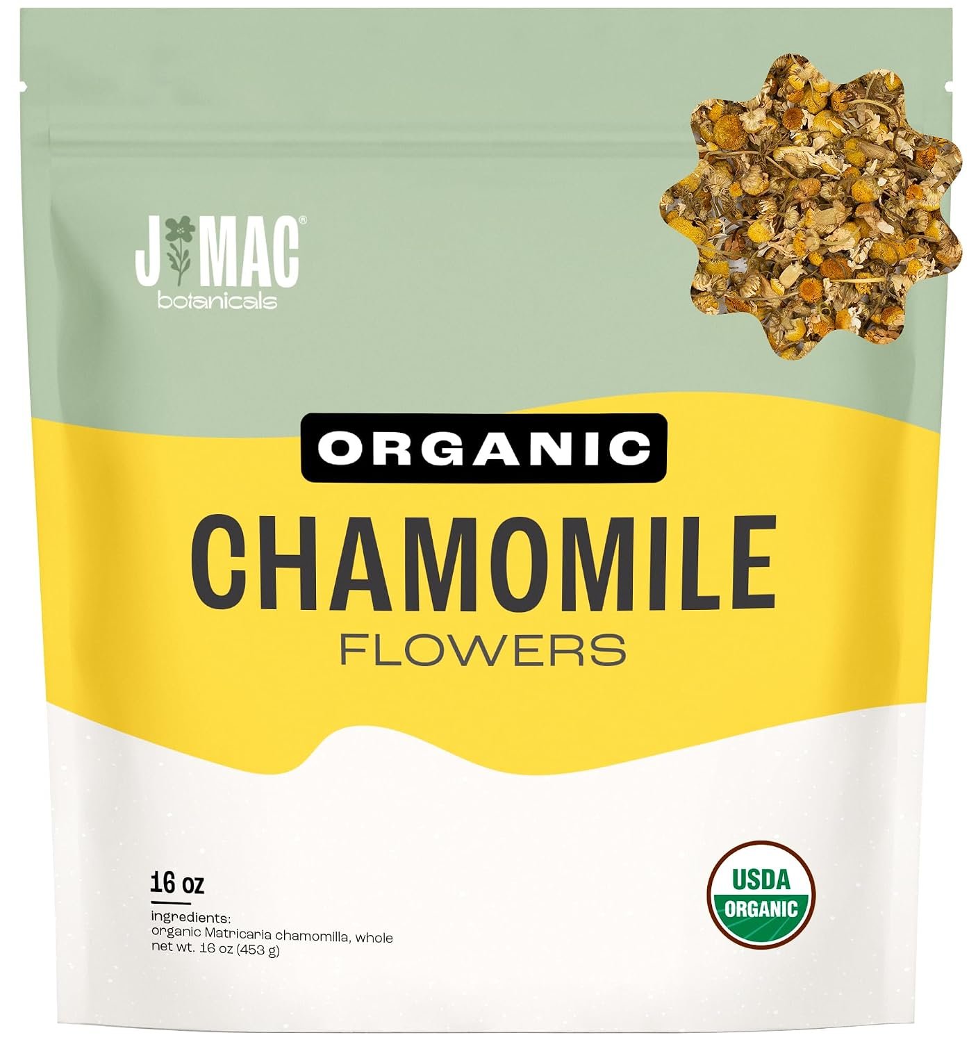 J Mac Botanicals Organic Chamomile Flowers (16 oz) – Whole Egyptian Chamomile Loose Leaf Herbal Tea, Caffeine-Free, Premium Dried Chamomile Flowers for Tea, Baths & Blends