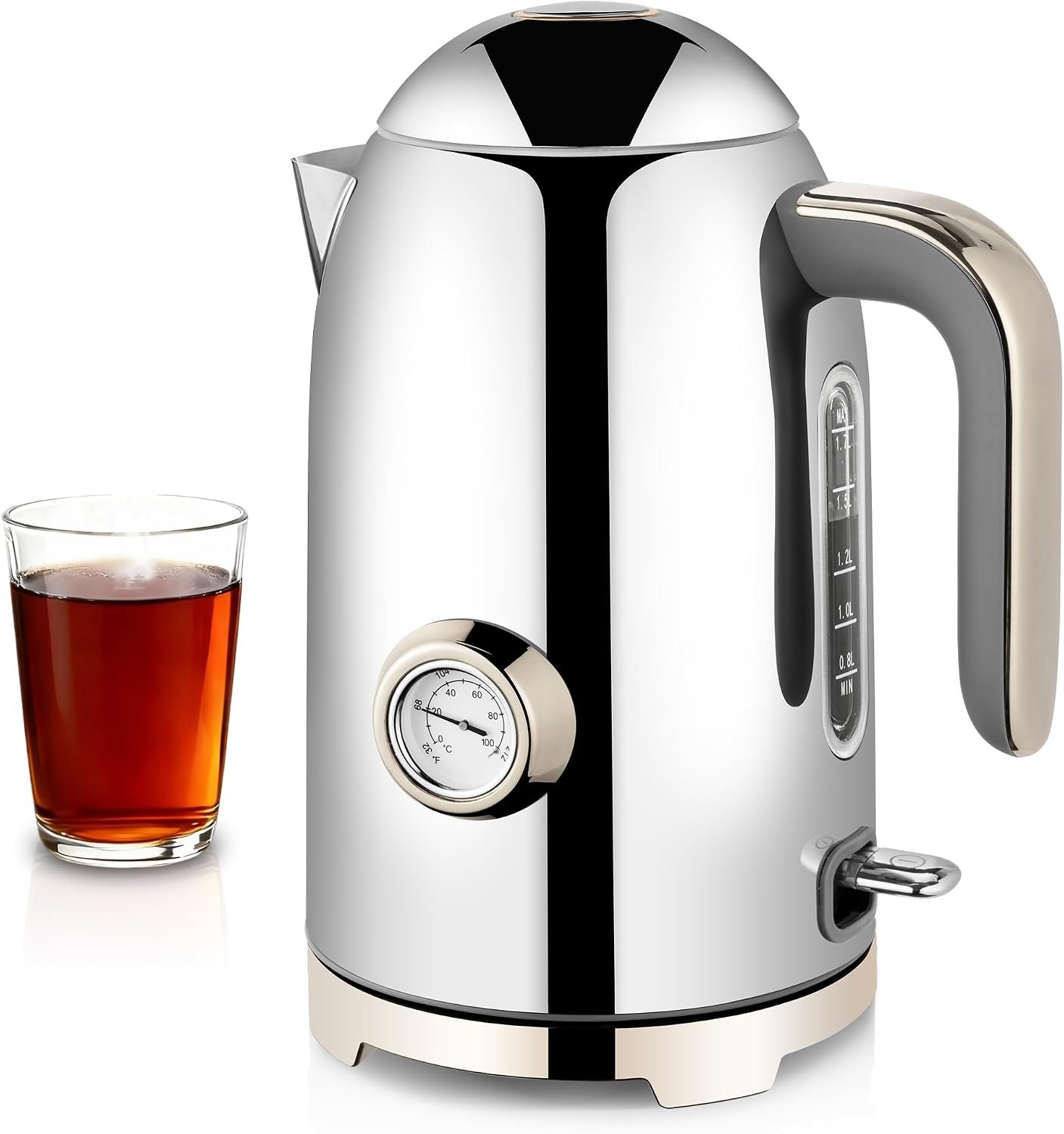 SUSTEAS 57oz Electric Kettle with Thermometer, Hot Water Pot, Glossy Silver