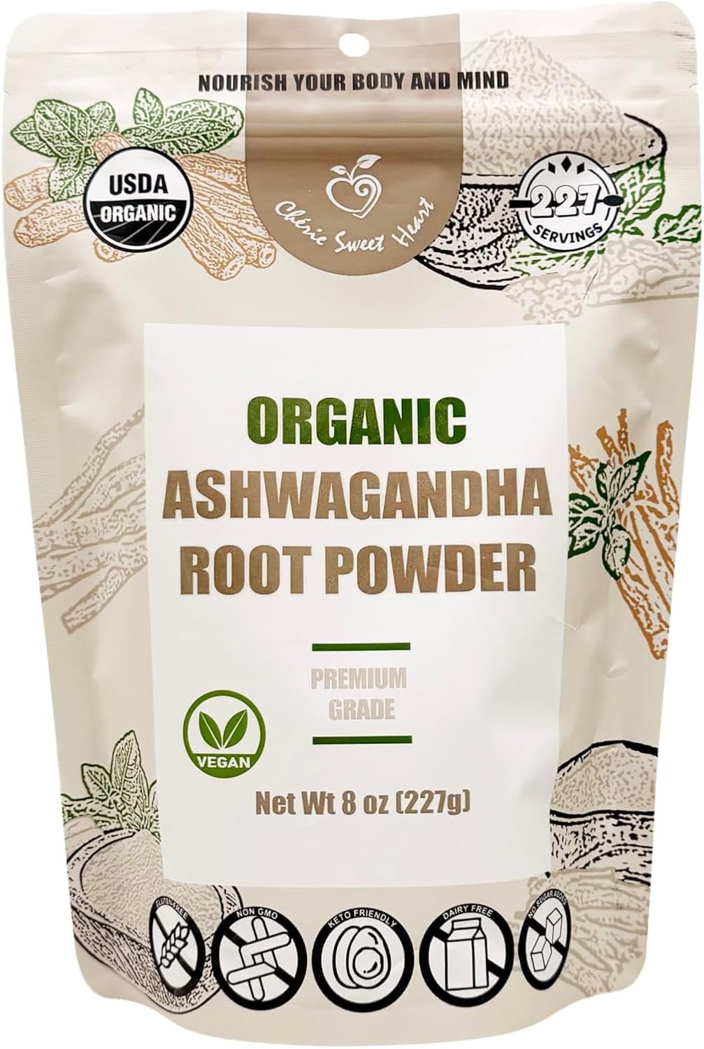 Cherie Sweet Heart Organic Ashwagandha Root Powder, 8oz Resealable Bag 227g