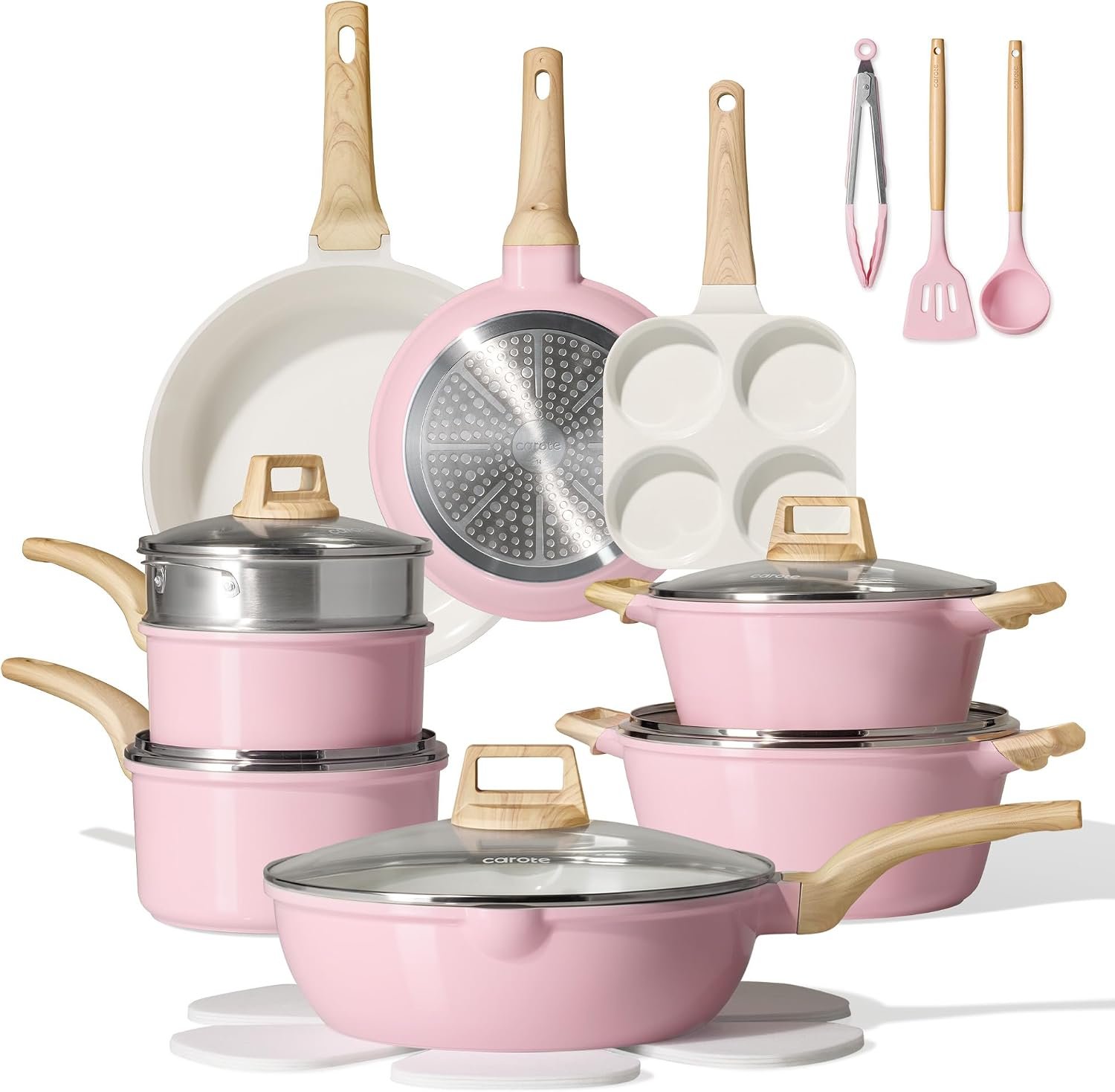CAROTE 21pcs Ceramic Cookware Set, Pots and Pans Set, Pink