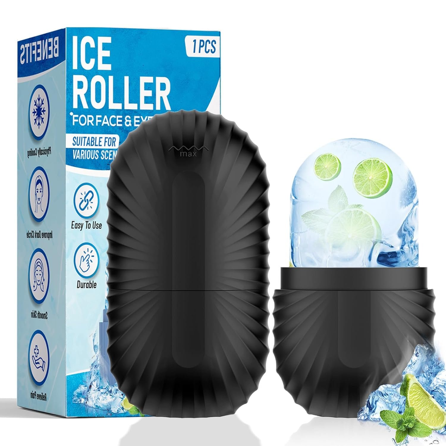 Ice Roller for Face and Eye, Reusable Silicone Ice Facial Roller Ice Holder, Face Ice Mold Skin Care, Ice Cube Roller for Shrink Pores Anti Wrinkle Reduce Puffiness, Black