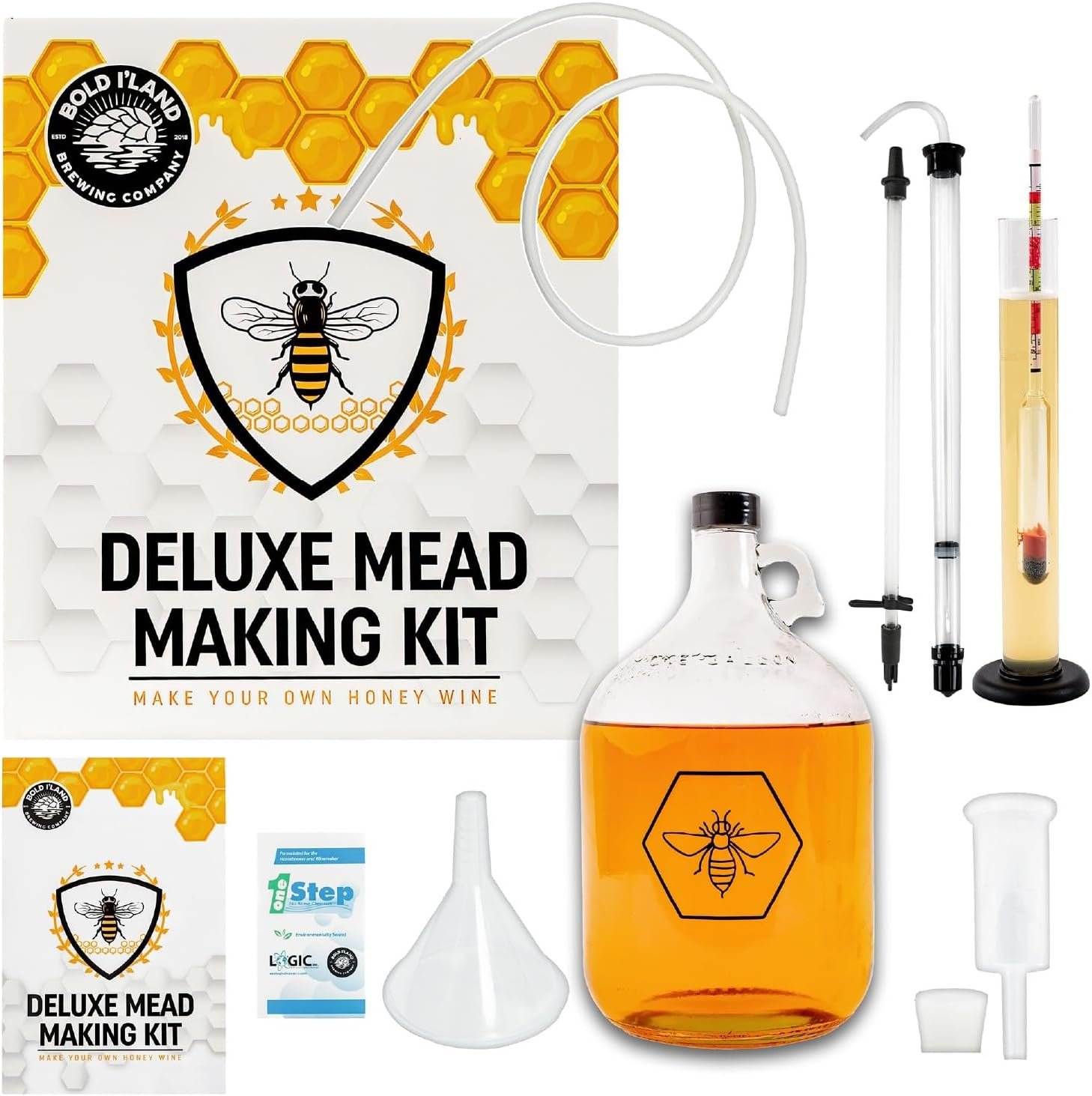 Complete Mead Making Kit for Beginners – Home Brewing Starter Kit – Includes 1 Gallon Glass Jug Carboy – Alcohol Hydrometer for Alcohol Test – Auto Siphon – Airlock – How to Guide and More