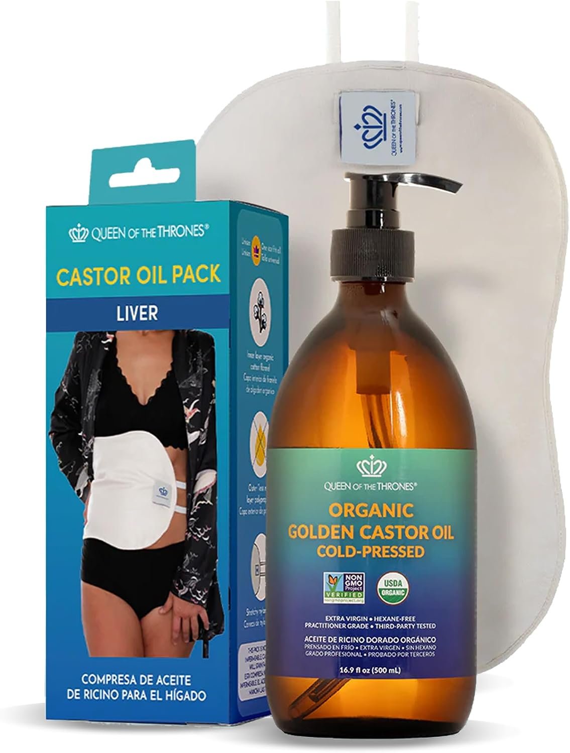 QUEEN OF THE THRONES Castor Oil Pack for Liver Kit – Heatless, Less-Mess, Reusable – Organic Cotton Flannel, Comfort Fit, Soft Straps & Naturopathic Doctor Designed (16.9 oz Castor Oil Included)