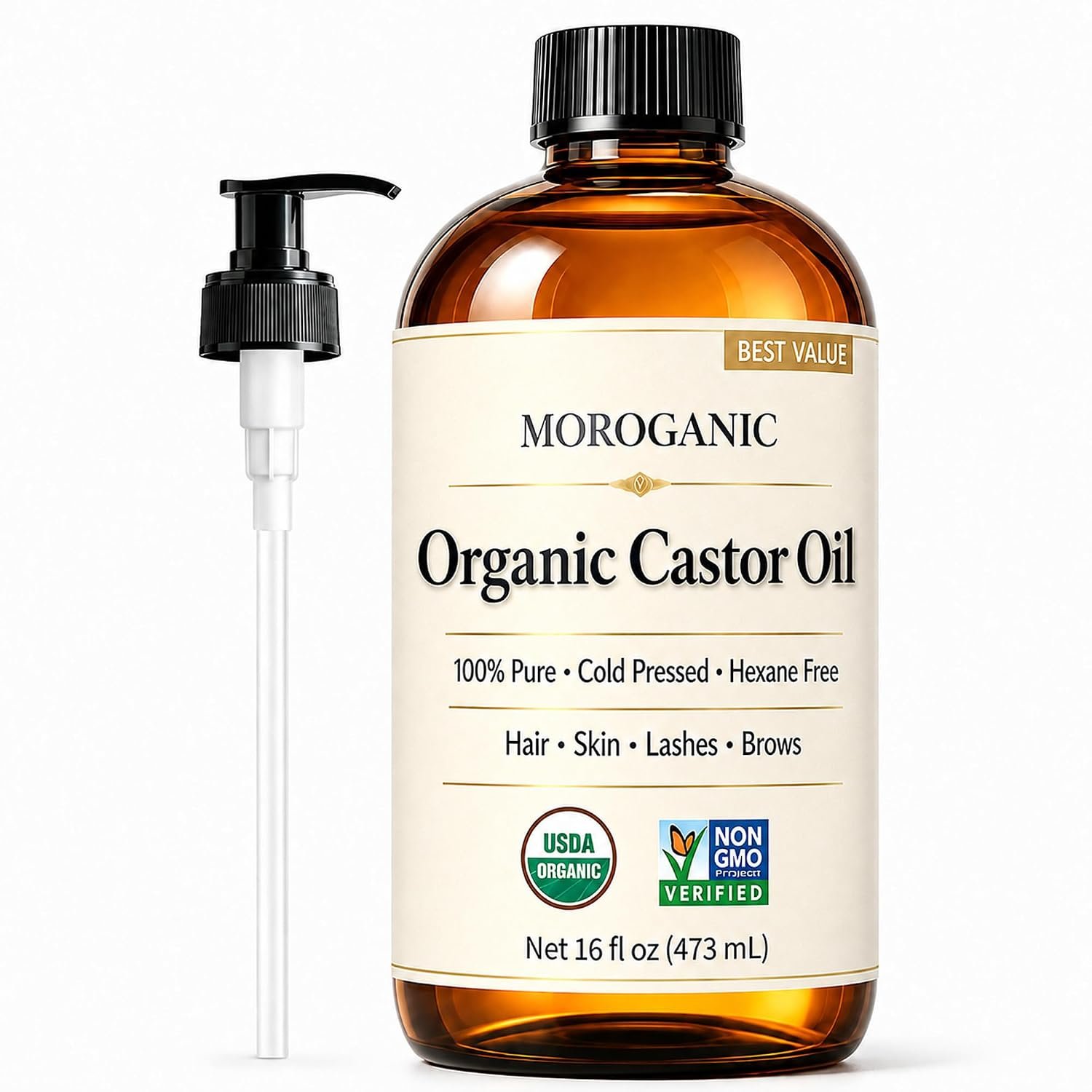 USDA Organic Castor Oil Cold Pressed Hexane Free USA Made, 16 Oz