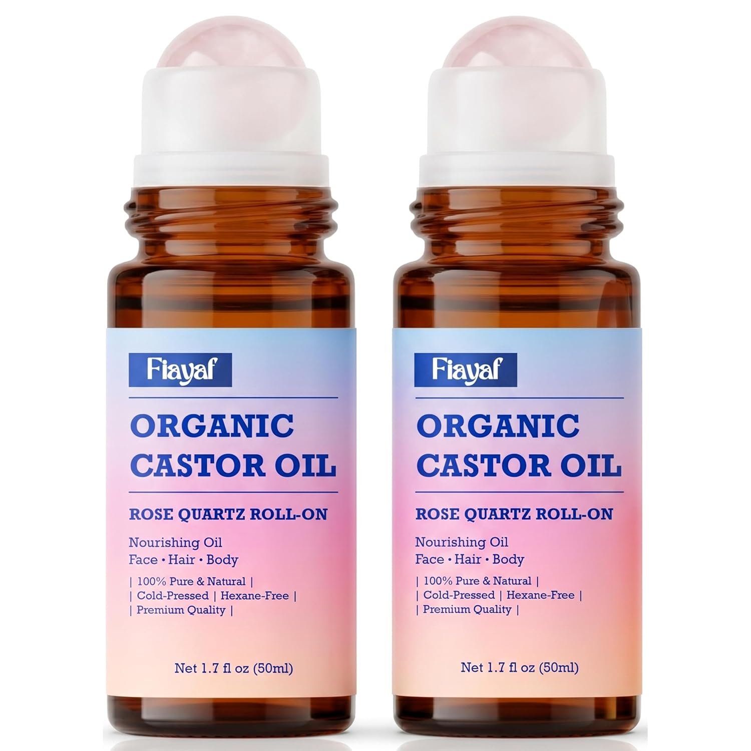 Organic Castor Oil, Rose Quartz Roller Ball, 2-Pack, 1.7 fl oz Each