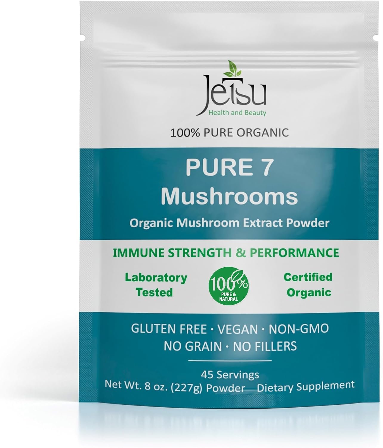 Jetsu Pure 7 Organic Mushroom Extract Powder, Chaga, Cordyceps, Lion’s Mane, Maitake, Reishi, Shiitake & Turkey Tail Mushrooms Supplement, for Immune Support, Focus, Energy