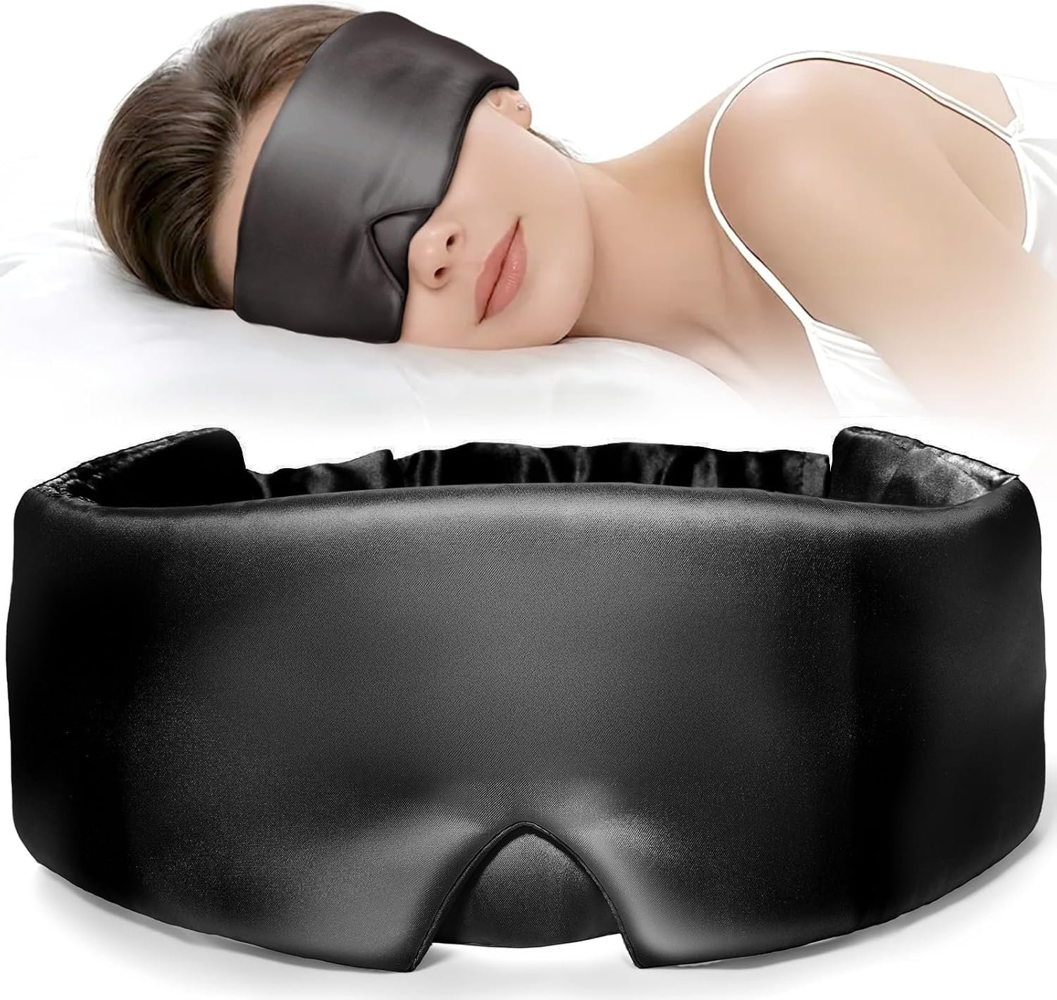 LitBear Silk Sleep Mask for Side Sleeper, Travel, Airplane, Jet Black