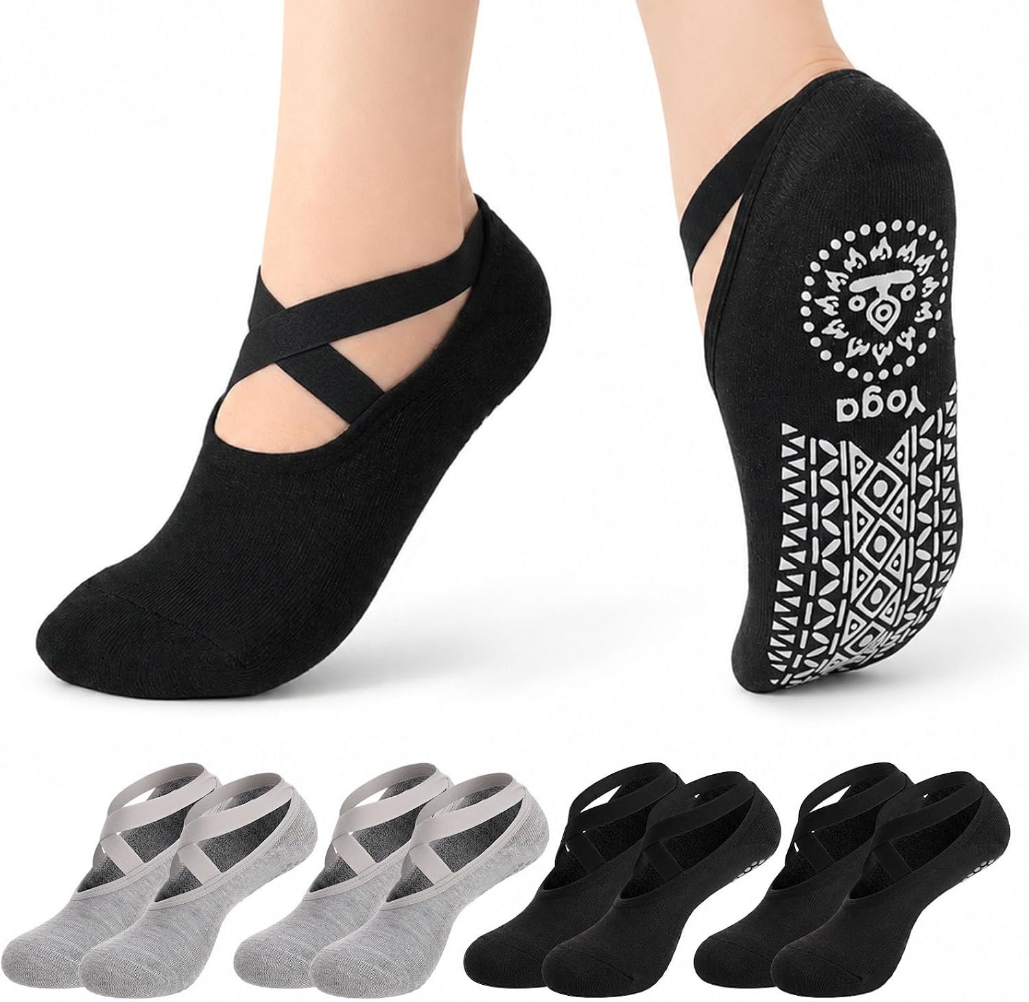 4 Pairs Pilates Socks with Grips for Women X-Cross Straps Workout Ballet Dance Hospital Socks