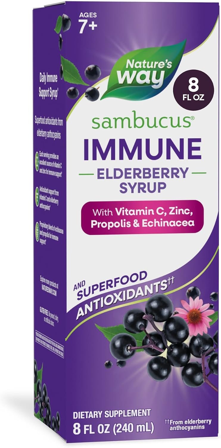 Nature’s Way Sambucus Immune Elderberry Syrup with Vitamin C, Zinc, 8 Fl Oz