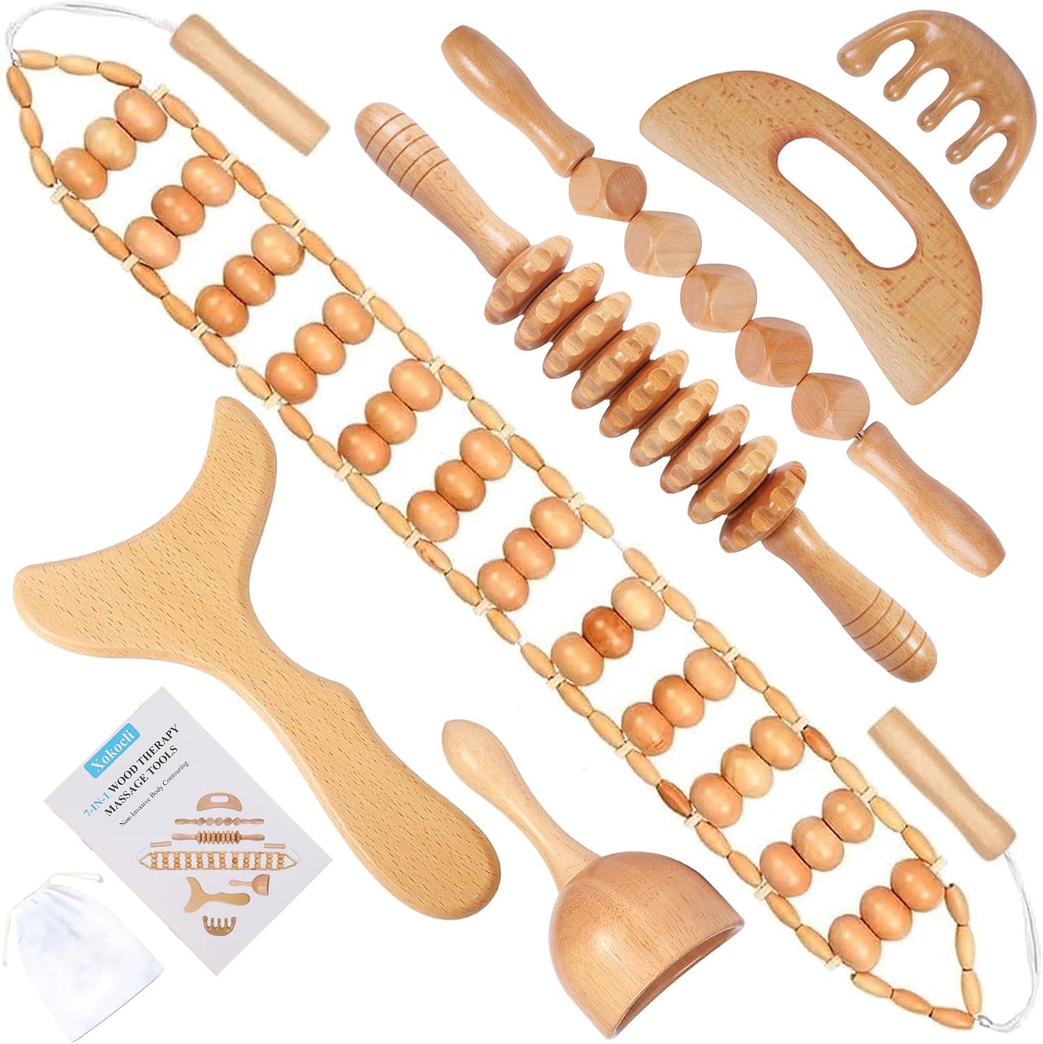 Xokocli 7-in-1 Wood Therapy Massage Tools Lymphatic Drainage Massager for Muscle Pain Relief | Maderoterapia Kit Body Sculpting Tools for Anti-Cellulite, Body Shaping