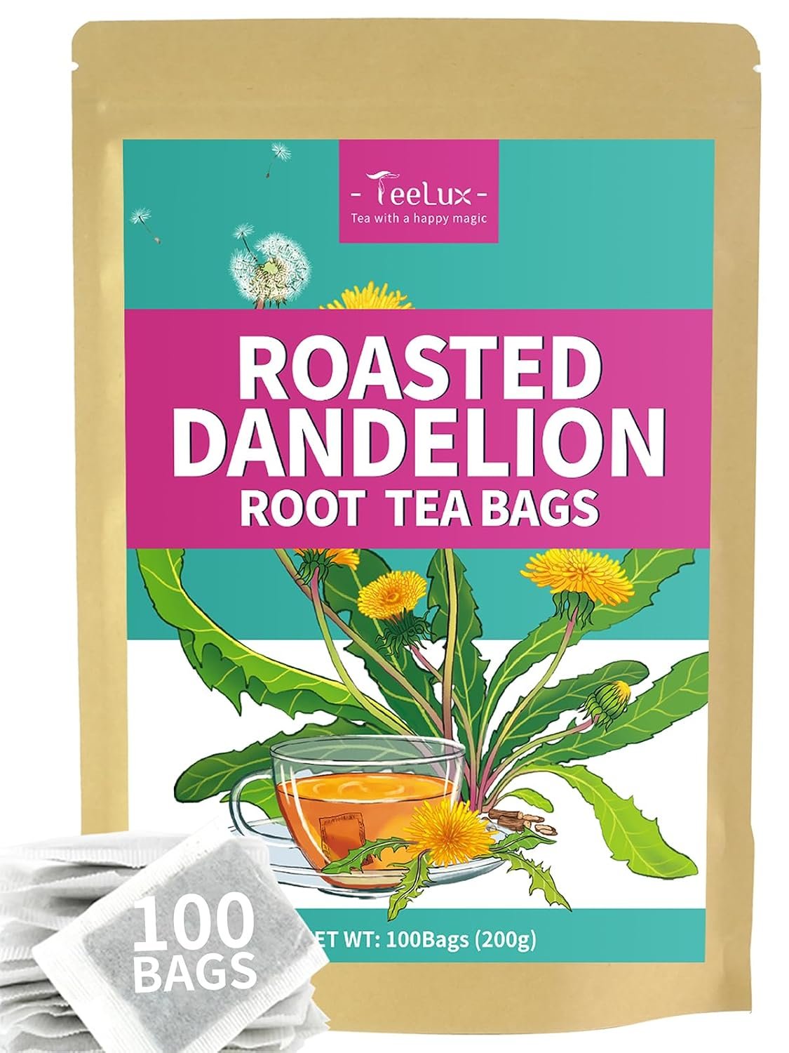 TeeLux Roasted Dandelion Root Tea Bags, Natural Dandelion Herbal Tea, 100ct