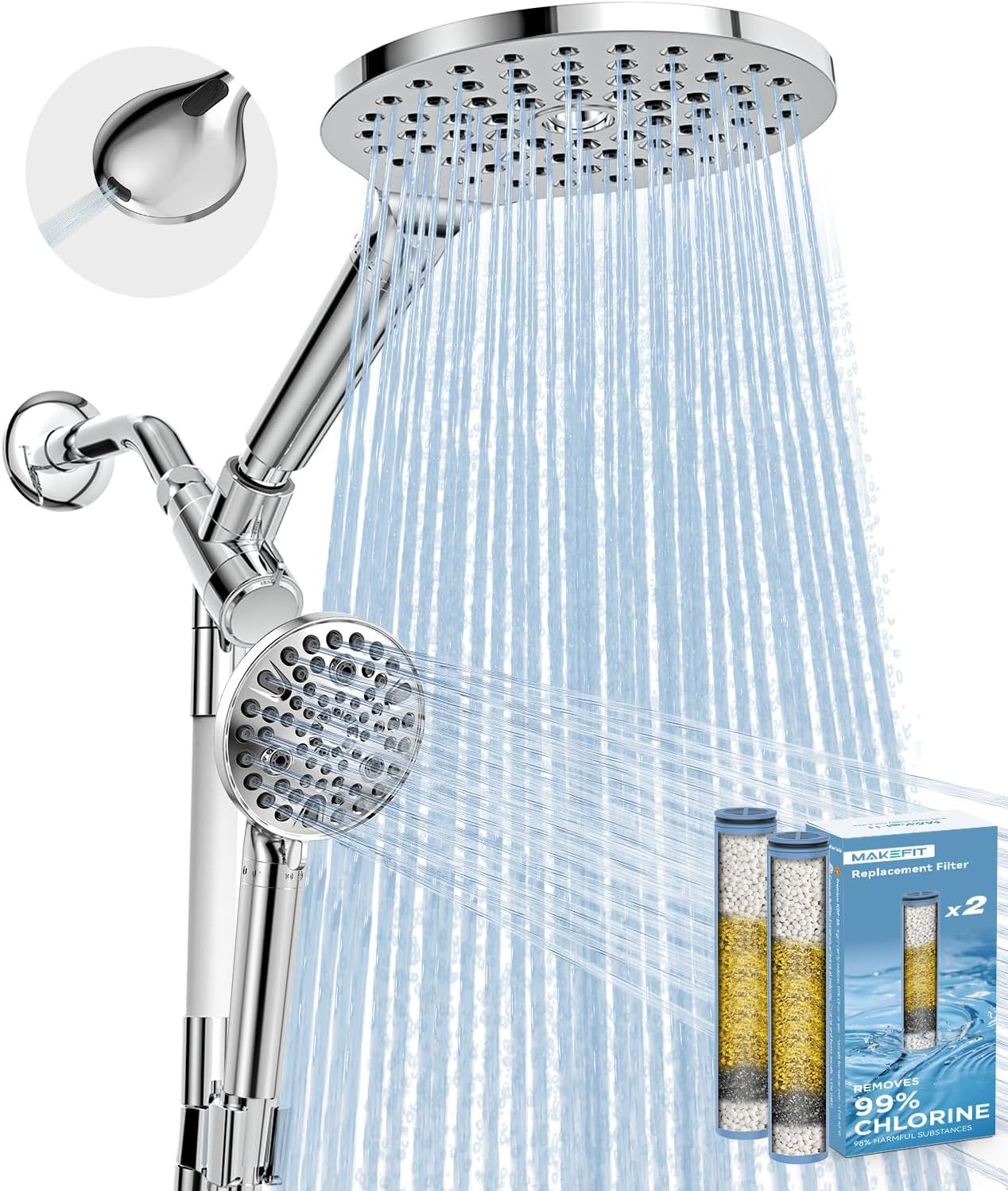 MakeFit Dual Filtered Rain Shower Head Combo, Handheld Shower Head with Adjustable Bar – Rainfall Shower Head And Showerhead with Filter for Hard Water – Removes Chlorine