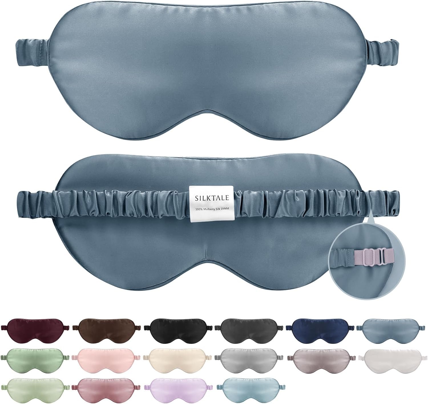 Mulberry Silk Blackout Adjustable Sleep Eye Mask for Men/Women Travel Plane,Ash Blue