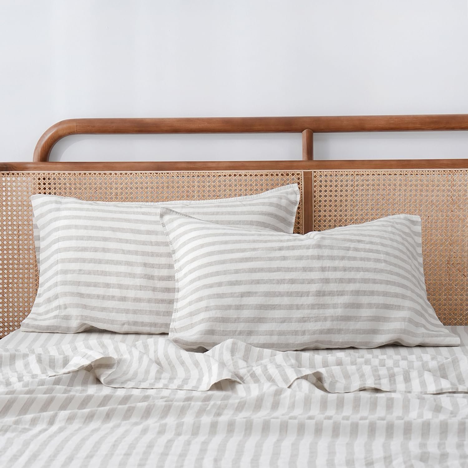 S VICTORY SYMBOL 100% Stripe Linen Pillow Cases Set of 2,French Natural Organic Linen Yarn Dyed Beige Striped Pillowcase,Standard(Queen) 20″x30″,Breathable and Durable&Envelope Closure