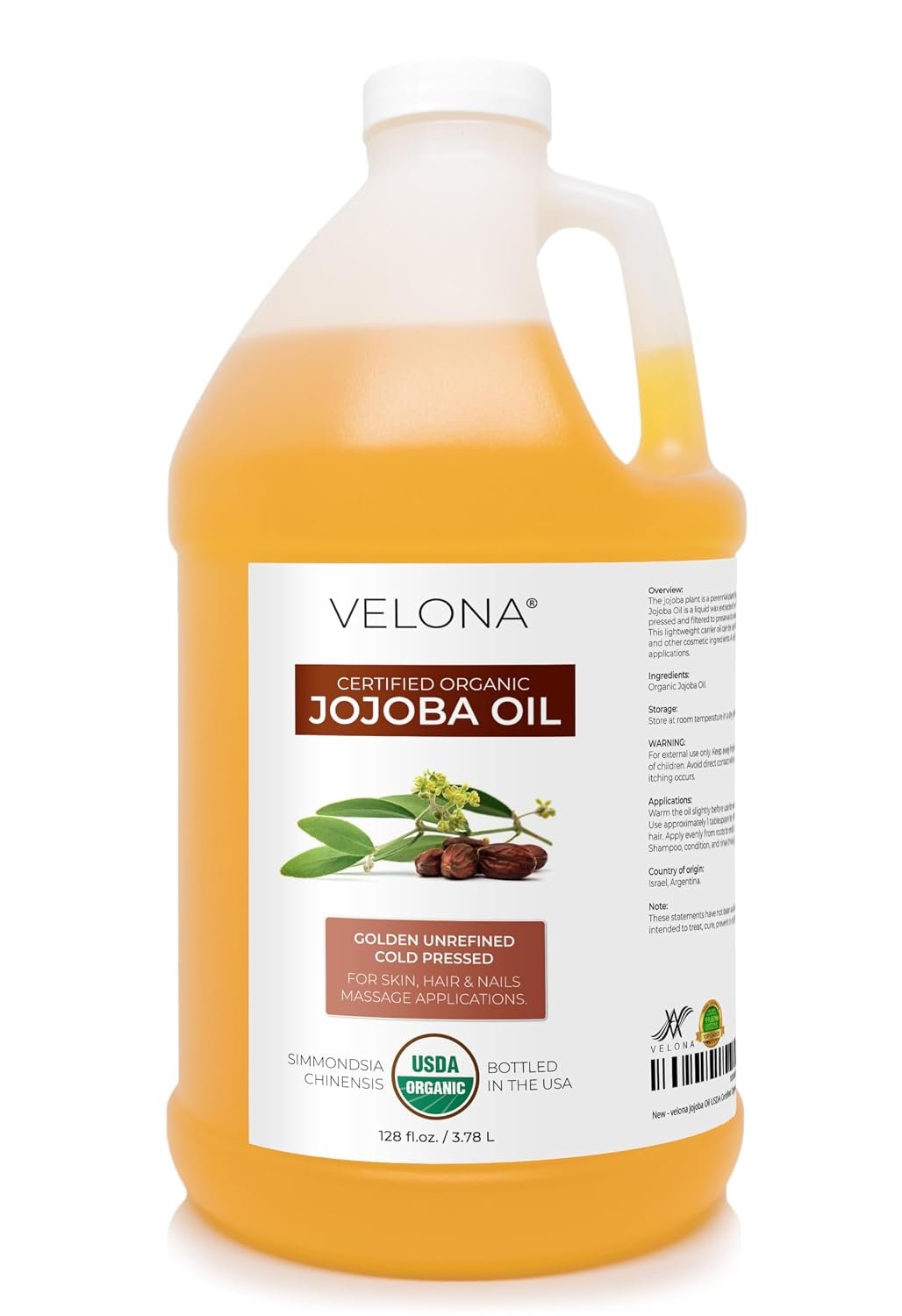 velona USDA Organic Jojoba Oil – 1 Gallon / 128 fl oz, Cold Pressed