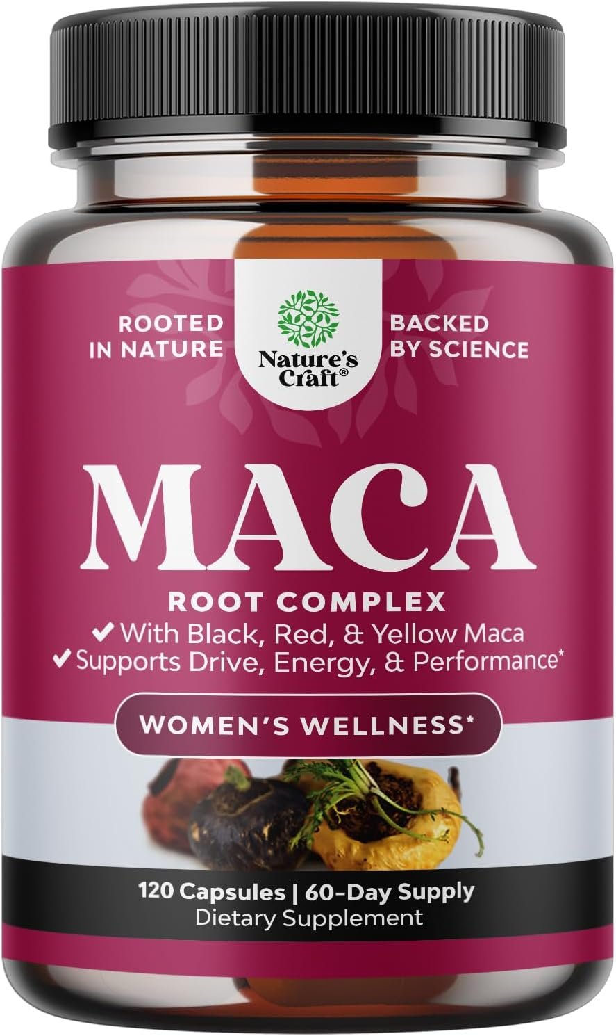 Maca Root Capsules for Women – Red, Yellow & Black Maca – 120 Count