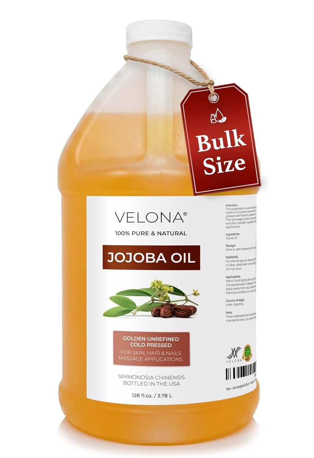 velona Bulk Jojoba Oil, Cold Pressed – 1 Gallon / 128 fl oz