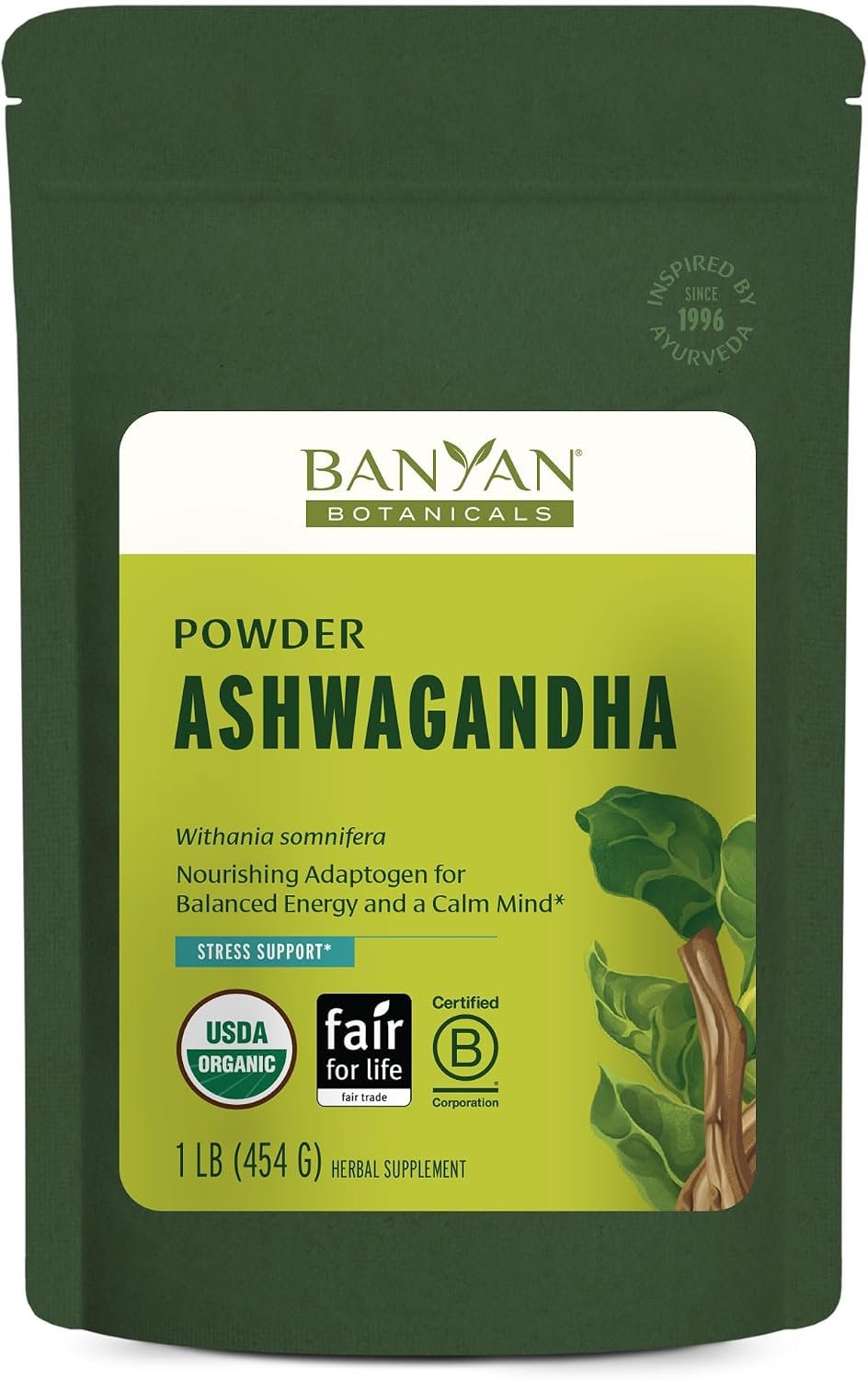 Banyan Botanicals Organic Ashwagandha Root Powder–1lb Bulk (504 Servings)Natural Cortisol Manager & Adrenal Support–Stress Relief, Better Sleep & Energy–Adaptogen for Smoothies & Moon Milk–Vegan,FFL