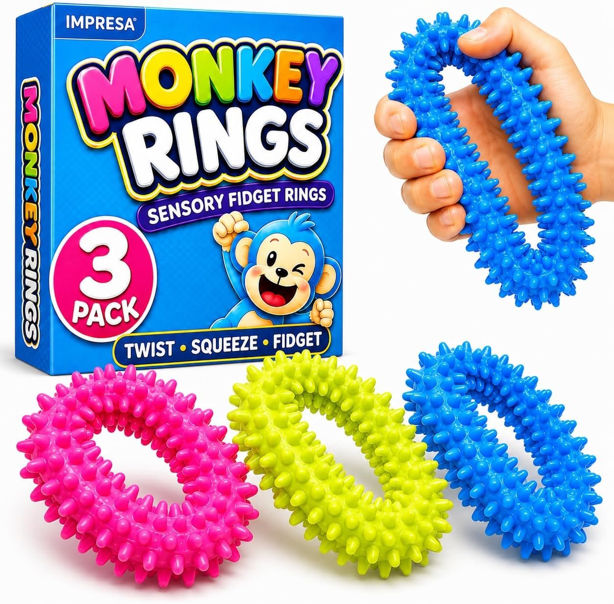 Impresa Fidget Toys Spiky Sensory Rings – 3-Pack, 2-Inch Inner / 4-Inch Outer – Sensory Toys & Classroom Prizes, Fidget Bracelet for Kids & Adults