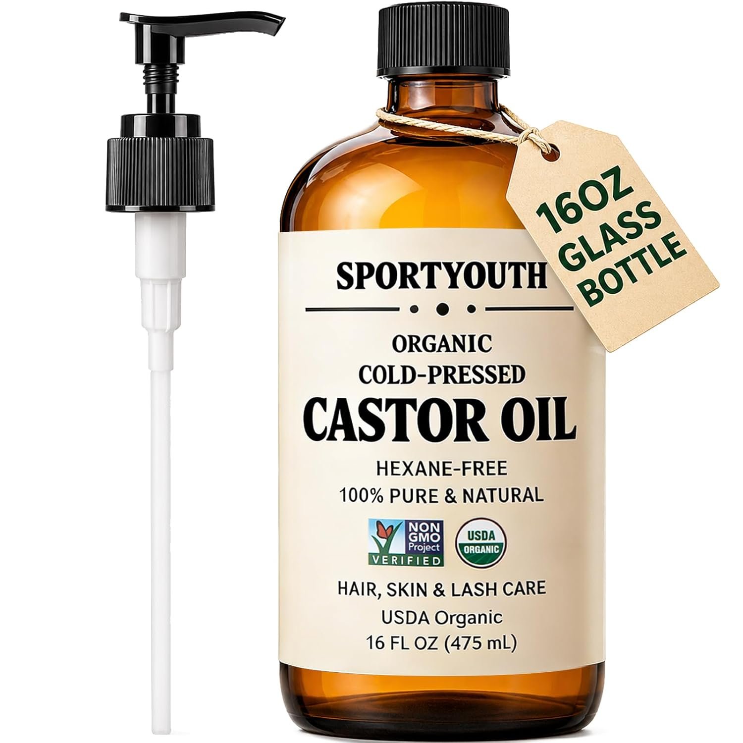 SPORTYOUTH USDA Organic Castor Oil Cold Pressed Glass Bottle with Pump