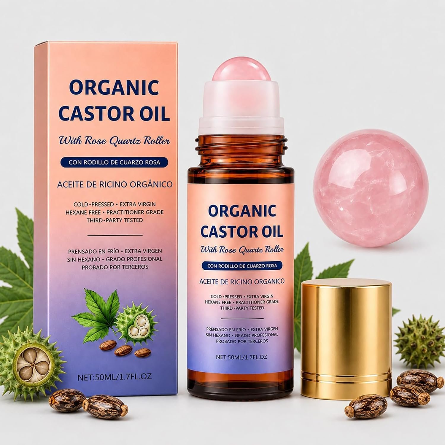 Organic Castor Oil Rose Quartz Roller Ball，Cold Pressed Oil1.7 Fl