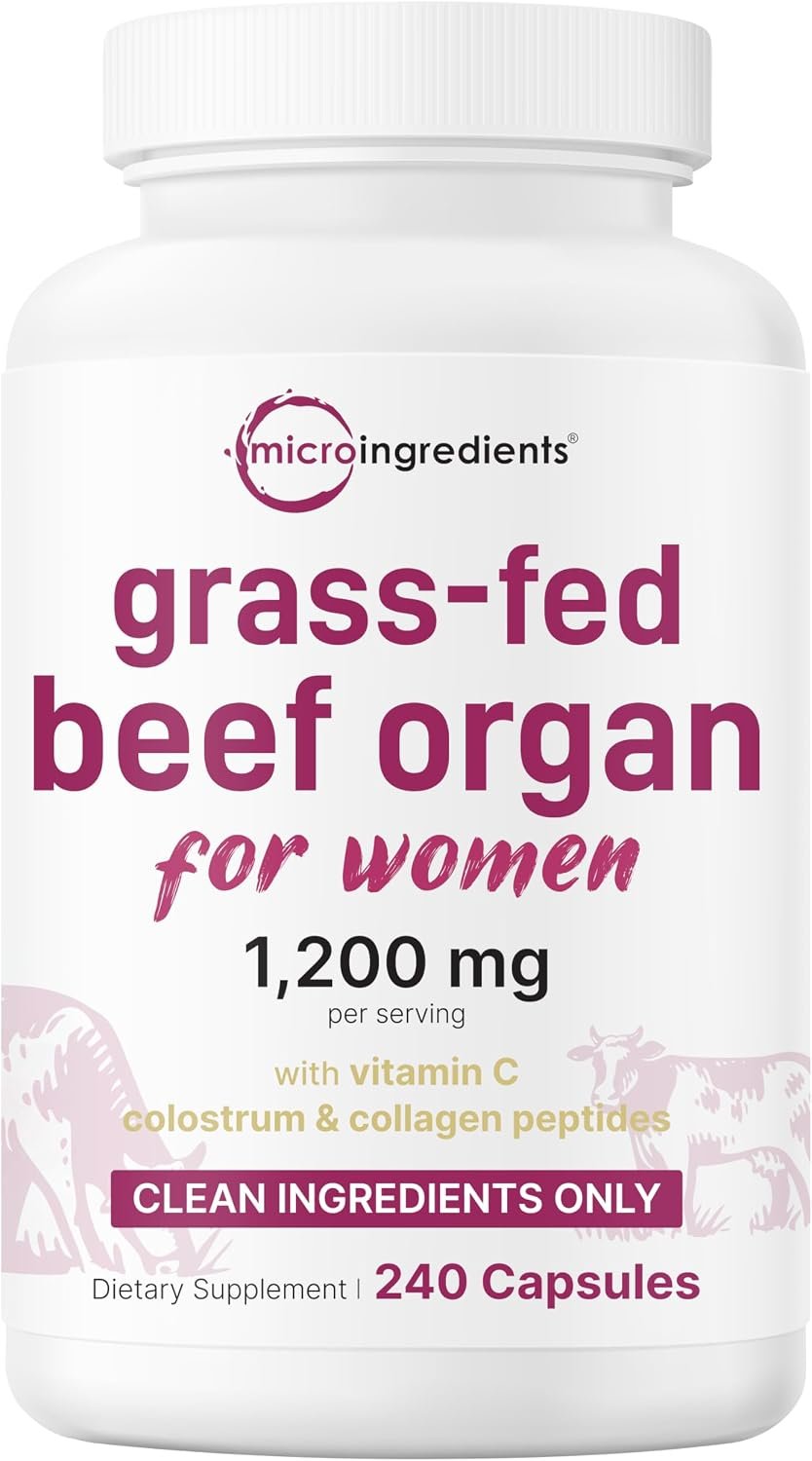 Micro Ingredients Grass‑Fed Beef Organ Supplement for Women – Bovine Beef Liver, Kidney, Heart & Uterus Tissue – 1,200 mg Organ Blend Plus Vitamin C, Colostrum & Collagen – 240 Capsules, No Fillers