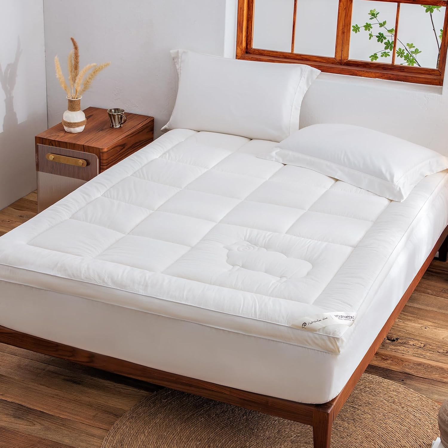 YOUR MOON 100% Wool Mattress Topper Queen, 800 GSM, White