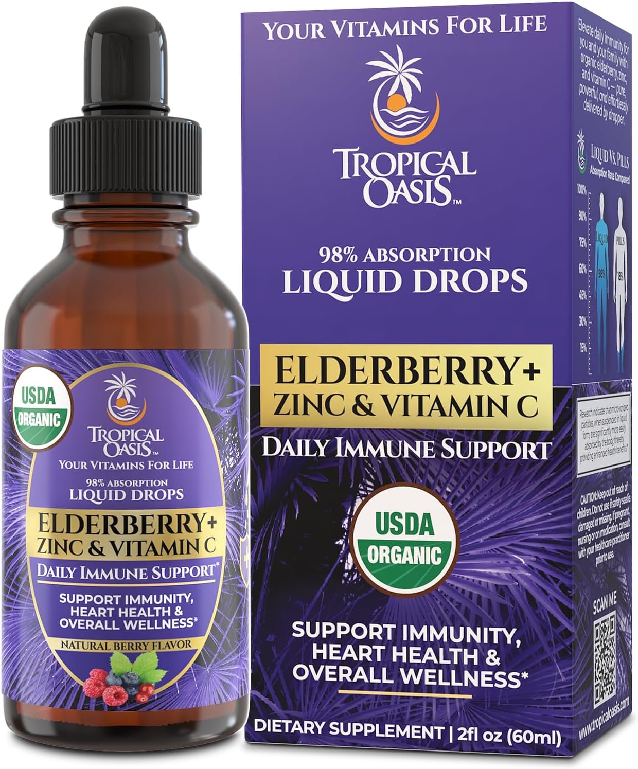 Tropical Oasis USDA Organic Elderberry Liquid Drops with Vitamin C & Zinc | Immune Support for Adults & Kids | Antioxidant | Sugar Free | Vegan | Non-GMO | 2 Fl Oz