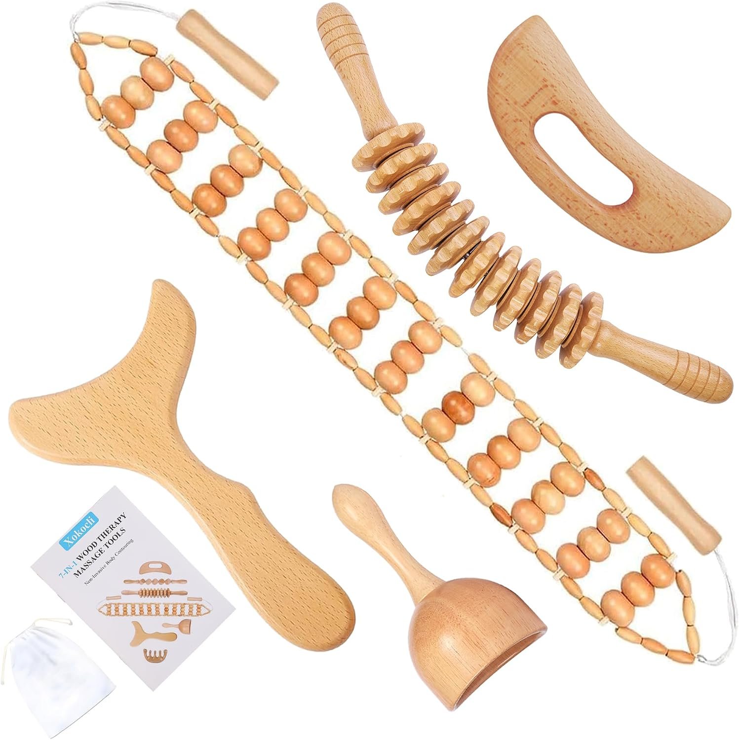 Xokocli 5-in-1 Wood Therapy Massage Tools Lymphatic Drainage Massager for Muscle Pain Relief | Maderoterapia Kit Body Sculpting Tools for Anti-Cellulite, Body Shaping