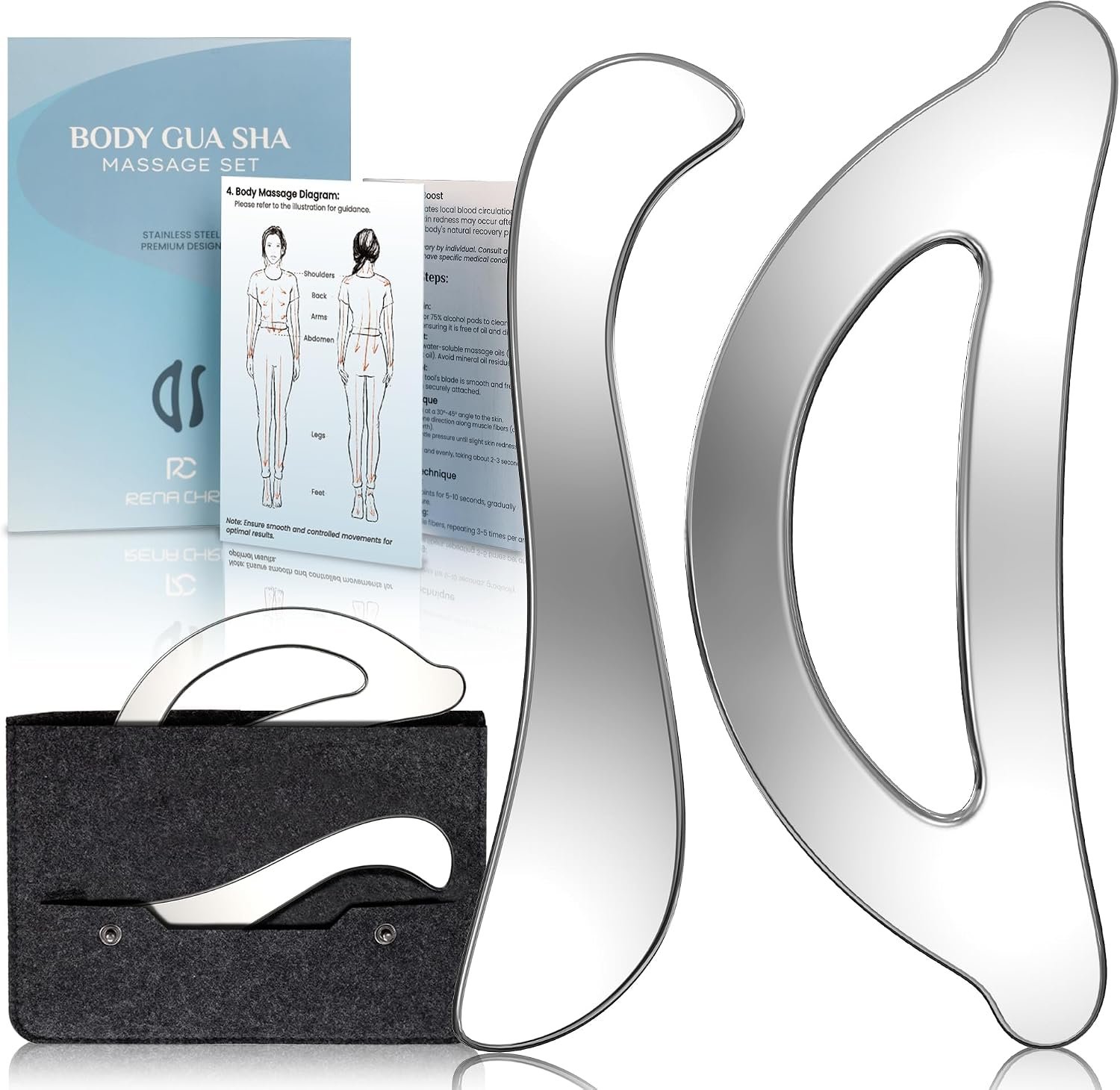 Rena Chris Muscle Scraper Tool Set – Stainless Steel Gua Sha for Physical Therapy & Deep Tissue Massage, Body Gua Sha Tools with Travel Pouch (2-Piece Kit)