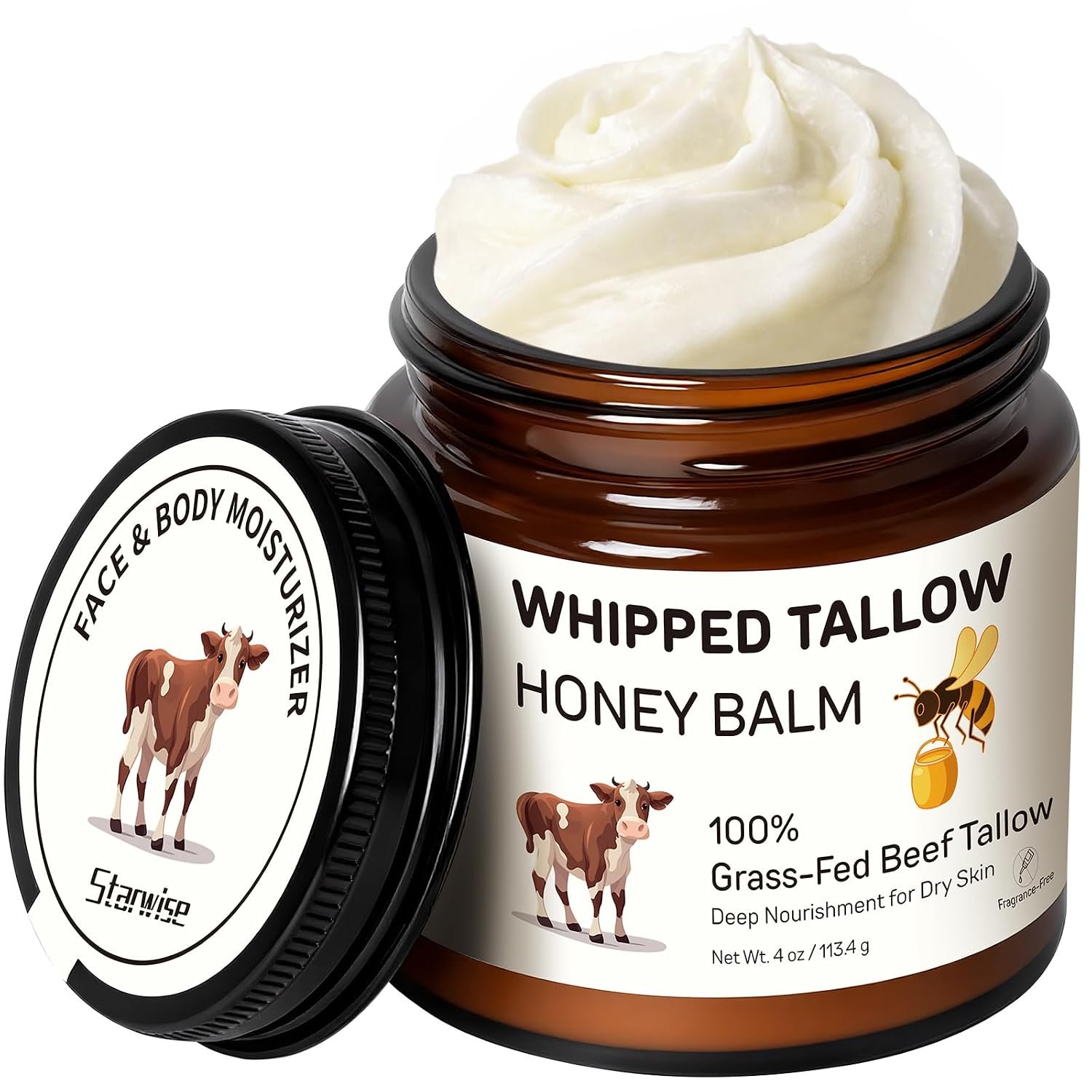 Beef Tallow for Skin, 100% Grass-Fed Whipped Beef Tallow and Honey Balm, Moisturizer for Face & Body, Natural Formula with Organic Jojoba Oil, Shea Butter for Dry, Sensitive Skin, 4 Oz