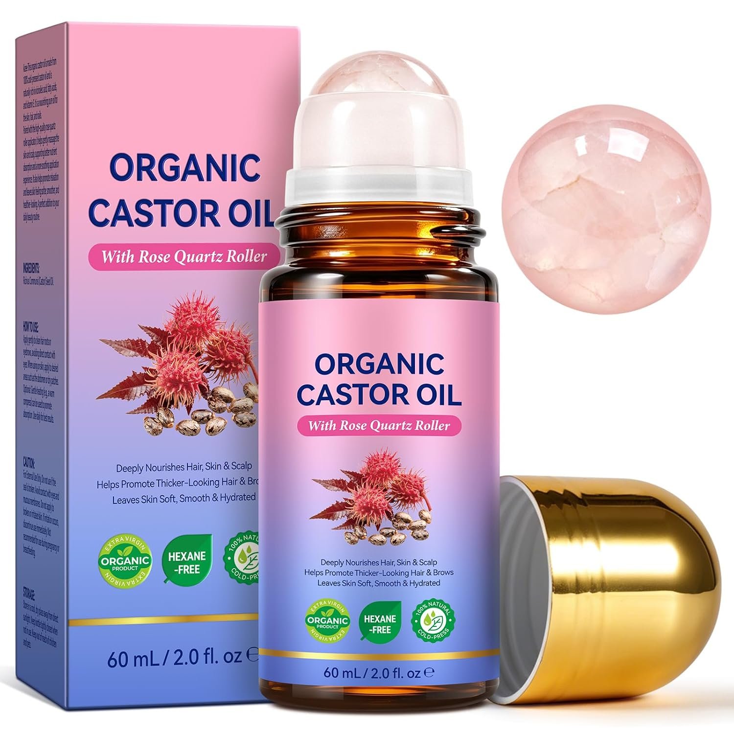 Castor Oil Rose Quartz Roller Ball (2 Fl Oz) Organic Castor Oil Roll On 100% Pure Cold Pressed & Hexane-Free Refillable Amber Glass Bottle for Face, Hair, Lashes & Brows