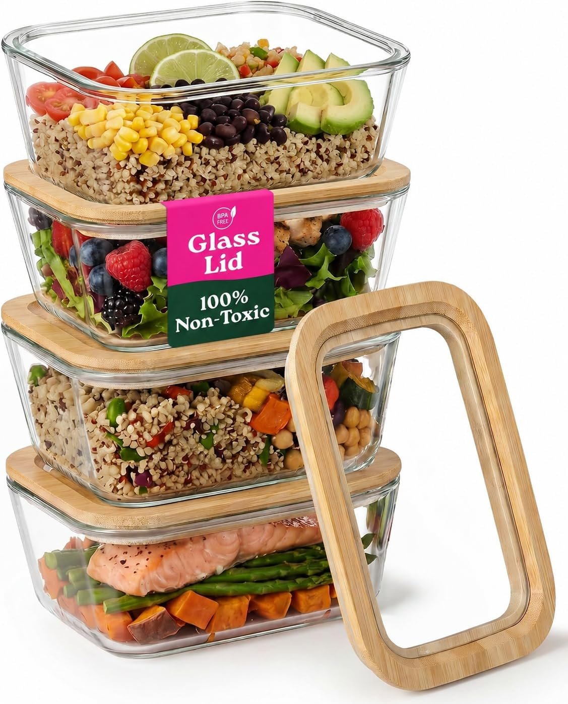 4-Pack Glass Food Storage Containers with Clear-Top Bamboo Lids – Plastic Free 46.7 Oz Glass Meal Prep Containers for Lunch, Eco Friendly Airtight Food Storage, Microwave & Oven Safe (46.7 Fl Oz)