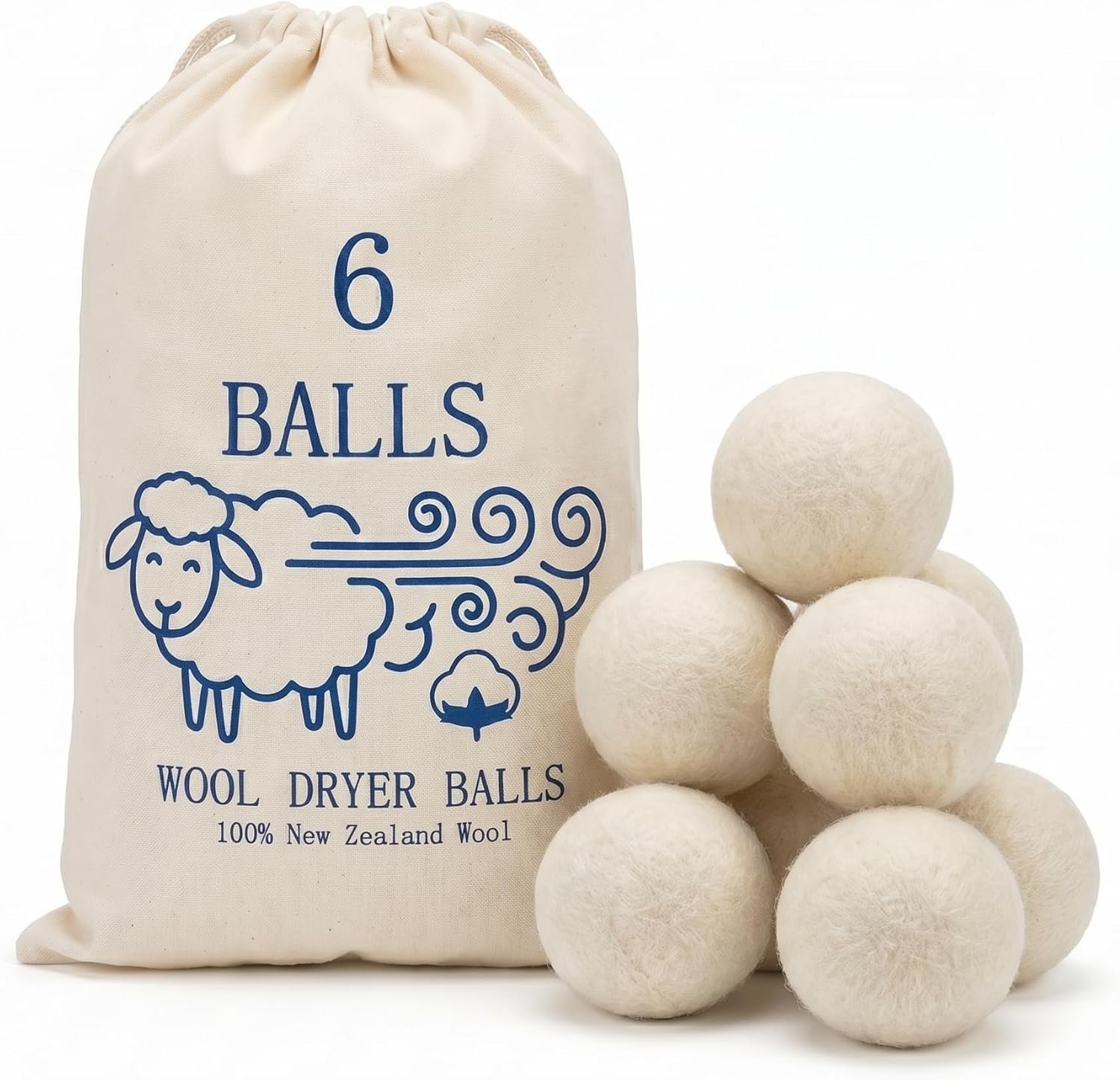 Premium Wool Dryer Balls 6-Pack – 100% Organic New Zealand Wool Natural Fabric Softener Reduces Drying Time & Static Reusable