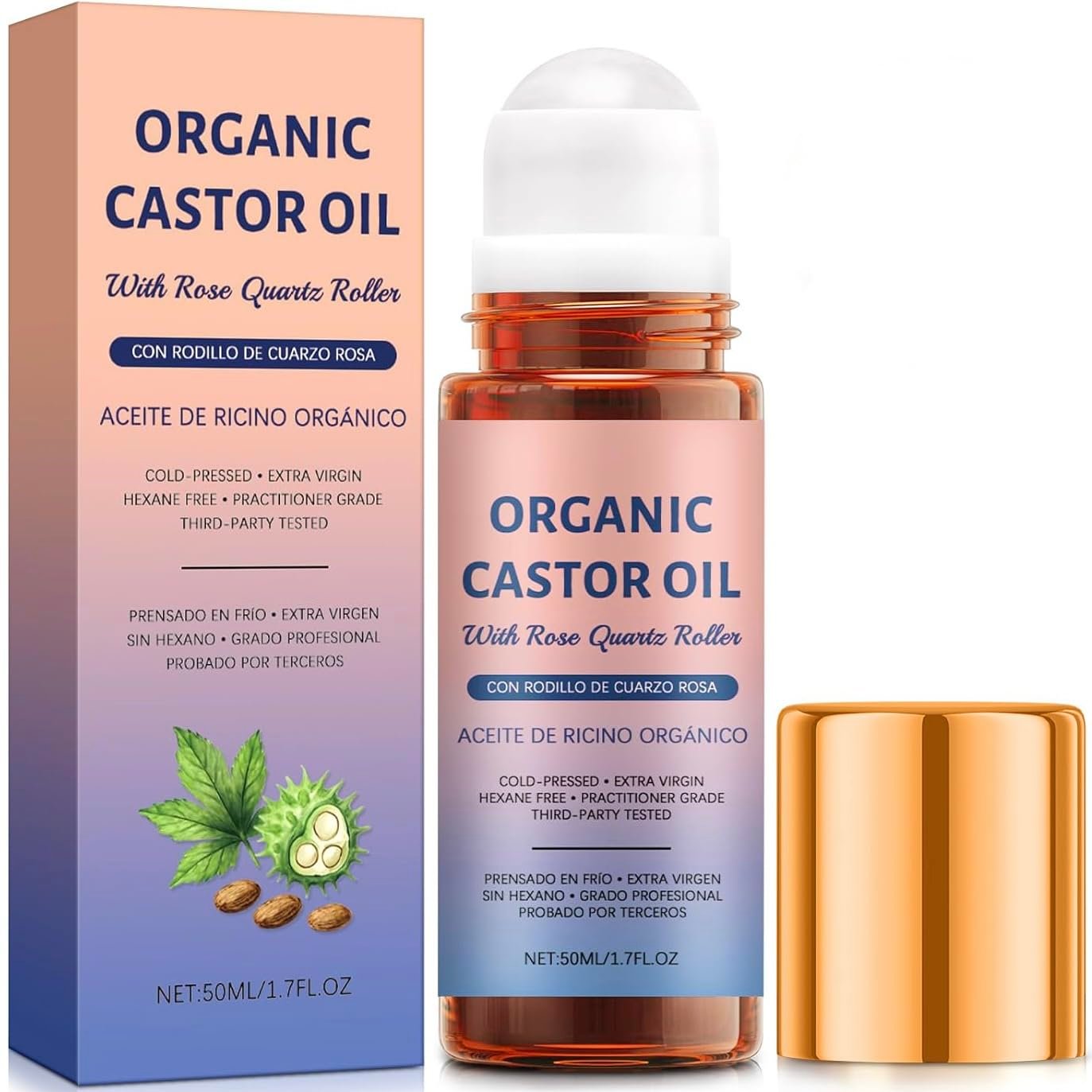 Organic Castor Oil with Rose Quartz Roller, 100% Pure Cold-Pressed, Organic Castor Oil Roll On Rose Quartz, Hexane-Free,Amber Glass Bottle for Skin 1.7oz (1 PCS)