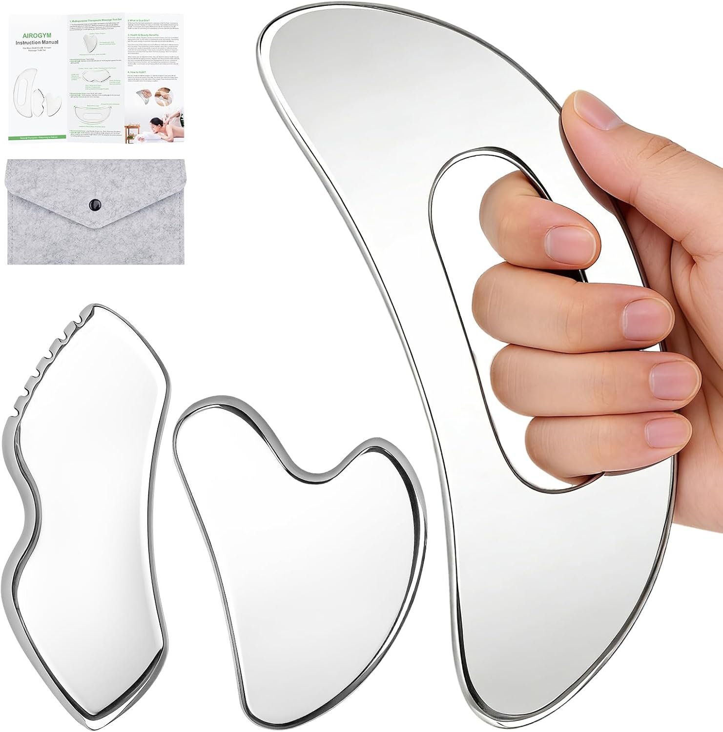 airogym 3 in 1 Stainless Steel Gua Sha Massage Tool – Professional Muscle Scraper for Soft Tissue Mobilization, IASTM Physical Therapy & Myofascial Release – Body Sculpting & Pain Relief Kit