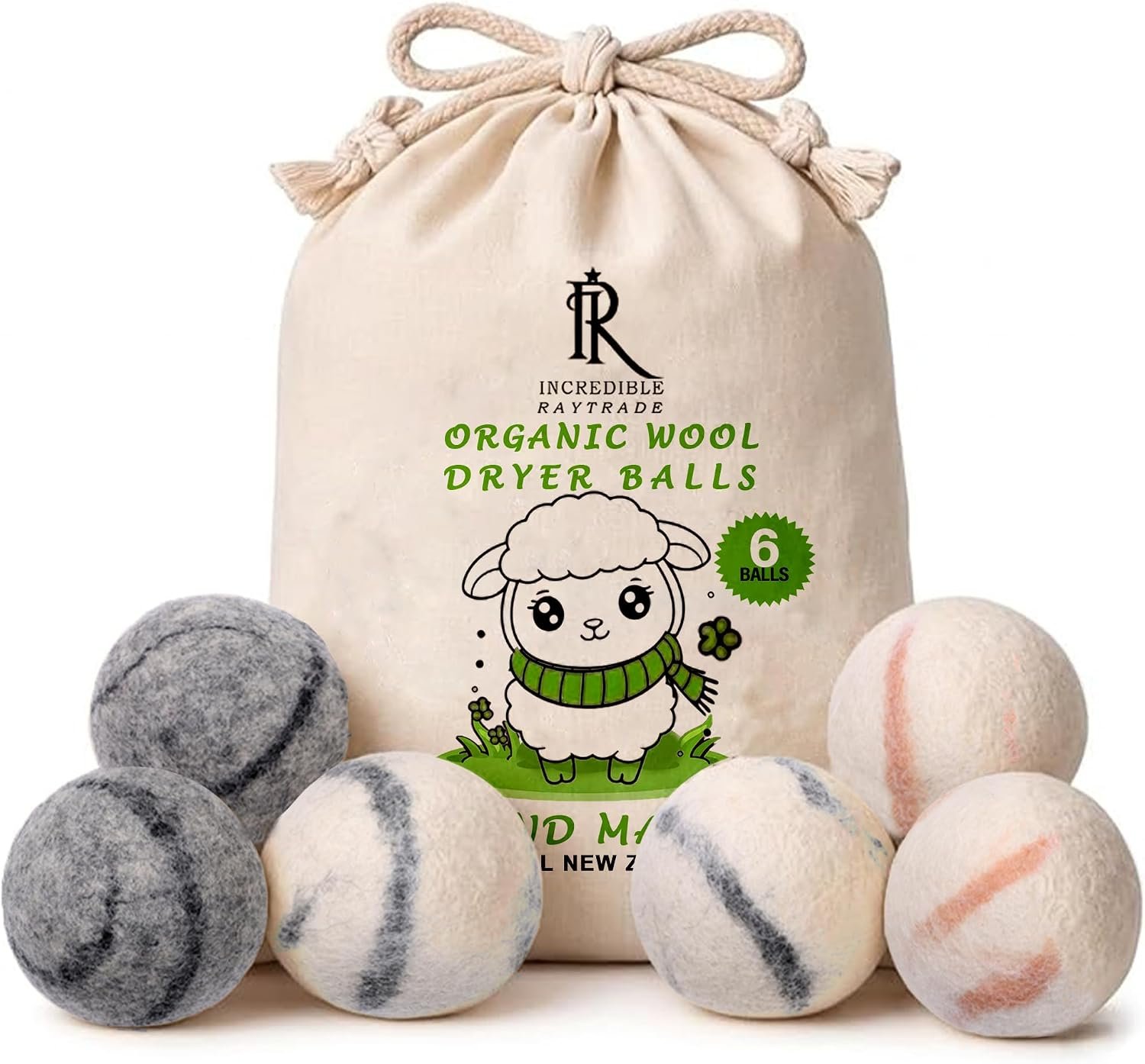 RAYTRADE Wool Dryer Balls 6-Pack 100% Made of Organic New Zealand Wool Reduces Clothing Wrinkles and Saves Drying Time Reusable Natural Fabric Softener (3 inch Round Pack of 6 Marble)