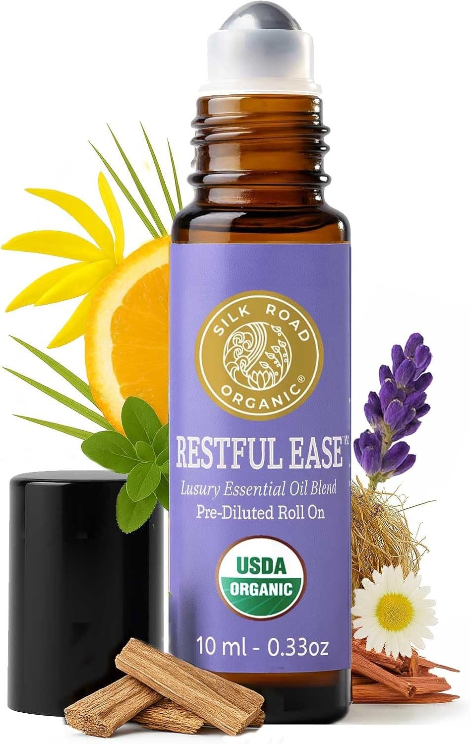 Silk Road Organic Restful Ease Essential Oil Relax Roll-On, USDA Certified