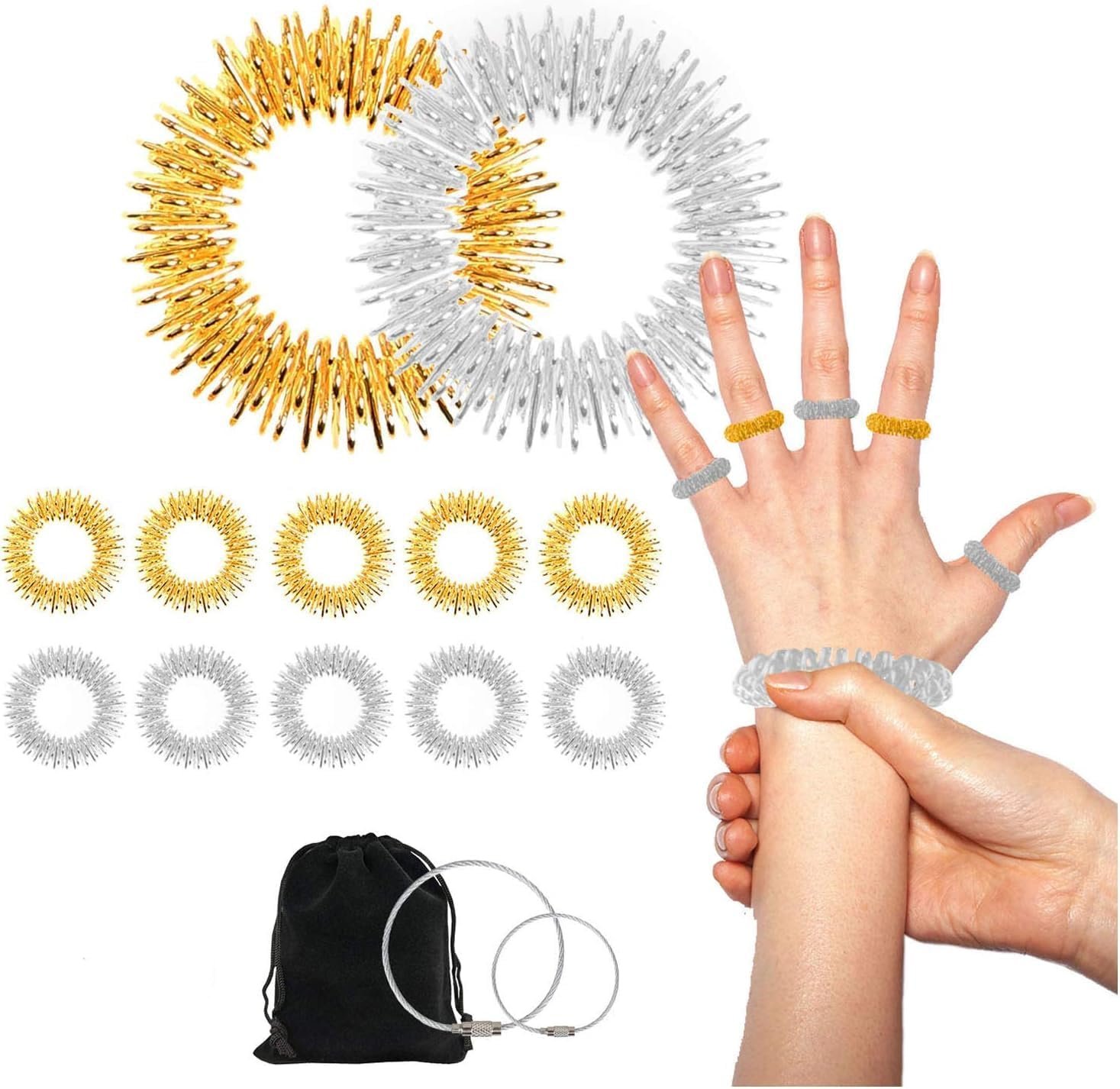 Acupressure Rings and Bracelets Massagers Set Spiky Sensory Finger Rings for Finger and Hand Wrist Massage Pain Relief